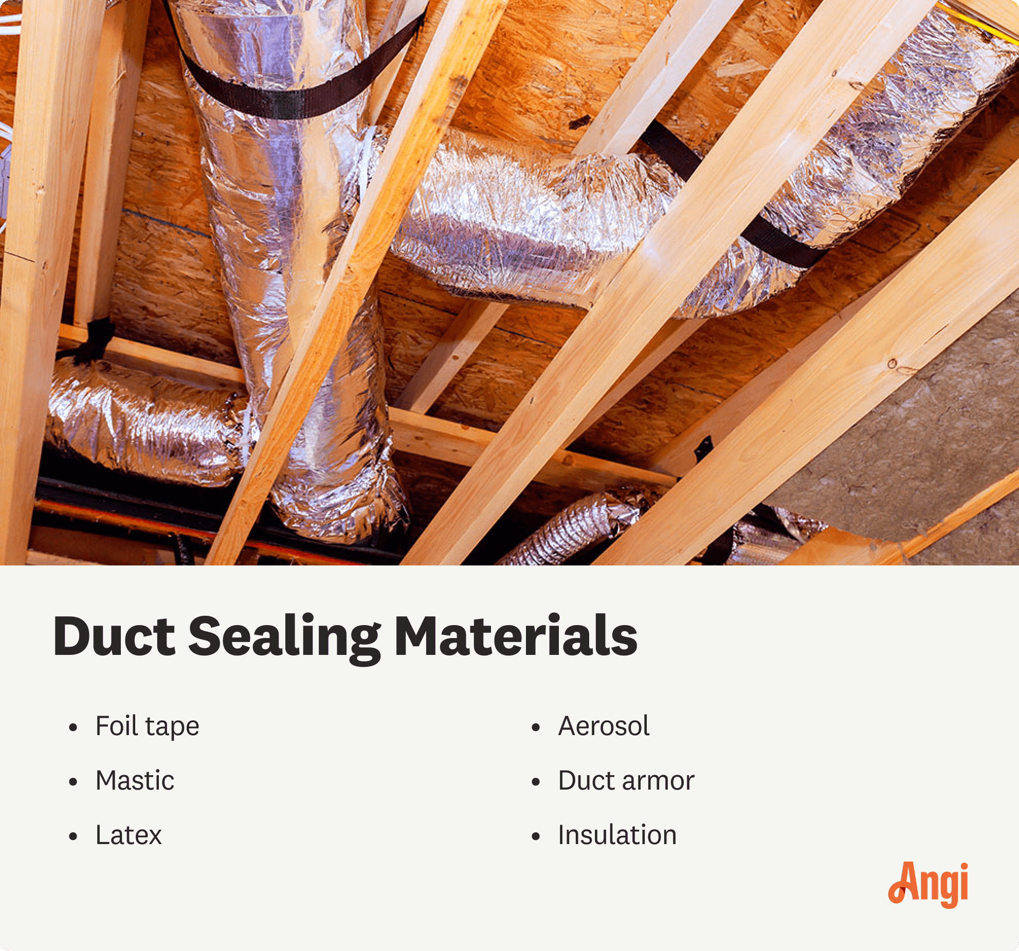 6 duct sealing materials, including latex, foil tape, and insulation