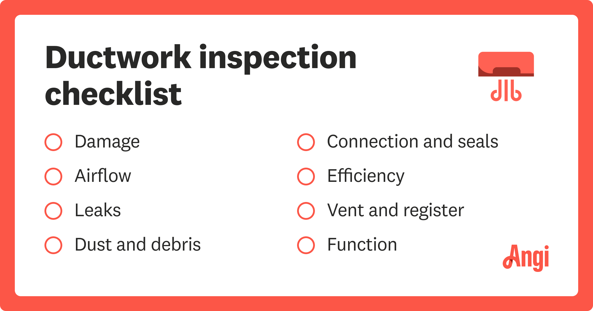 Ductwork inspection checklist, including checking for damage, airflow, and leaks