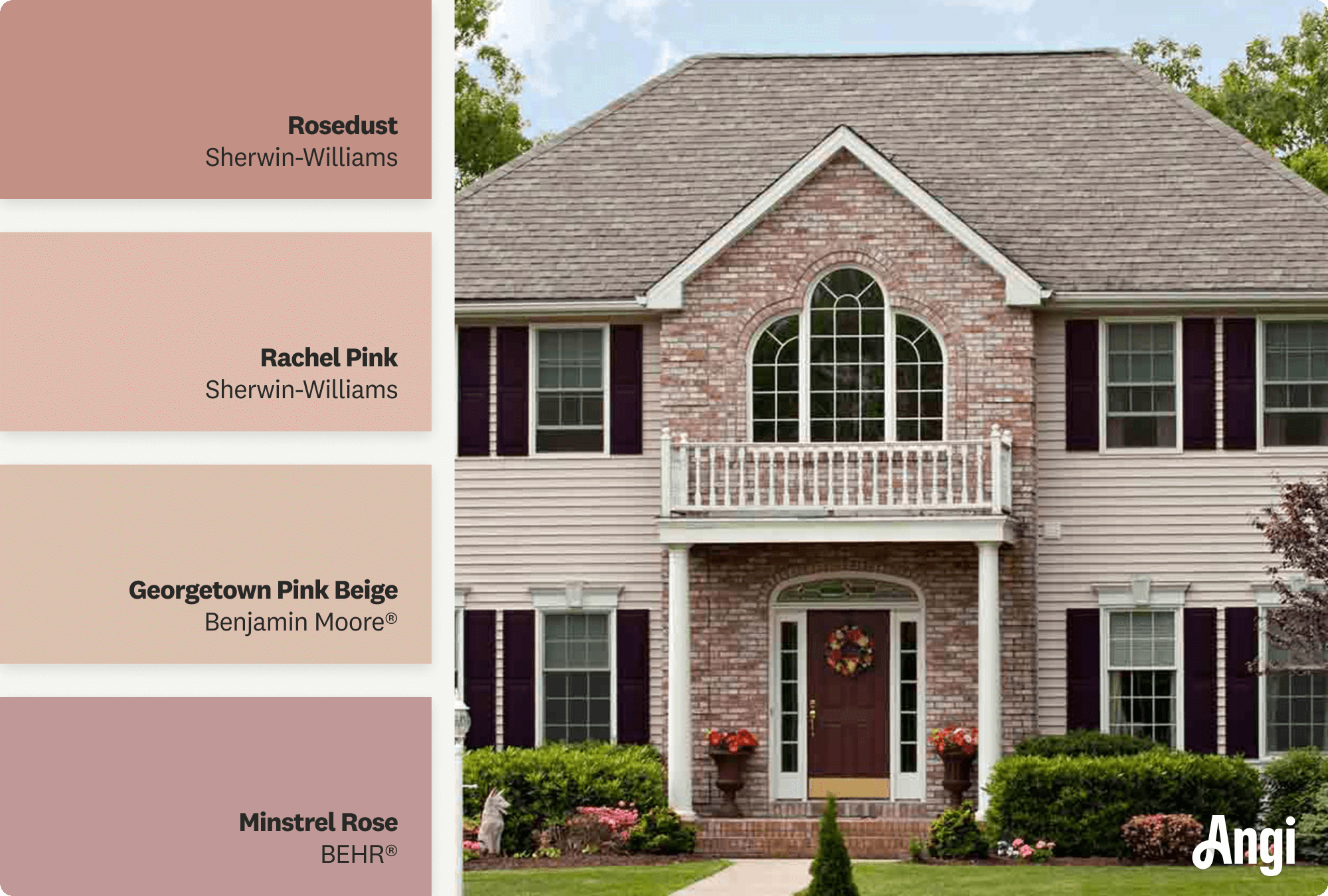 Dusty rose colonial house, including different tones of dusty rose paint
