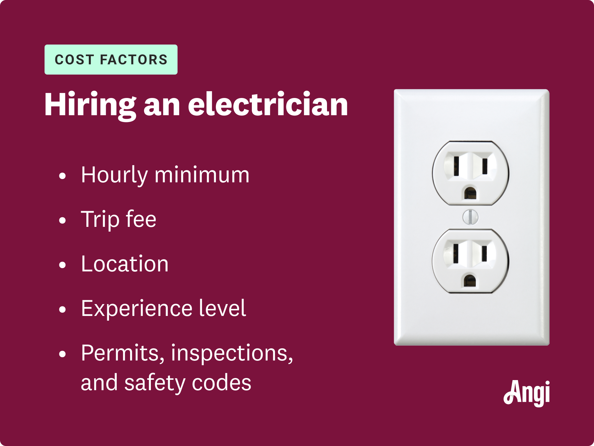 4 cost factors for hiring an electrician, including hourly minimum, trip fee, and location