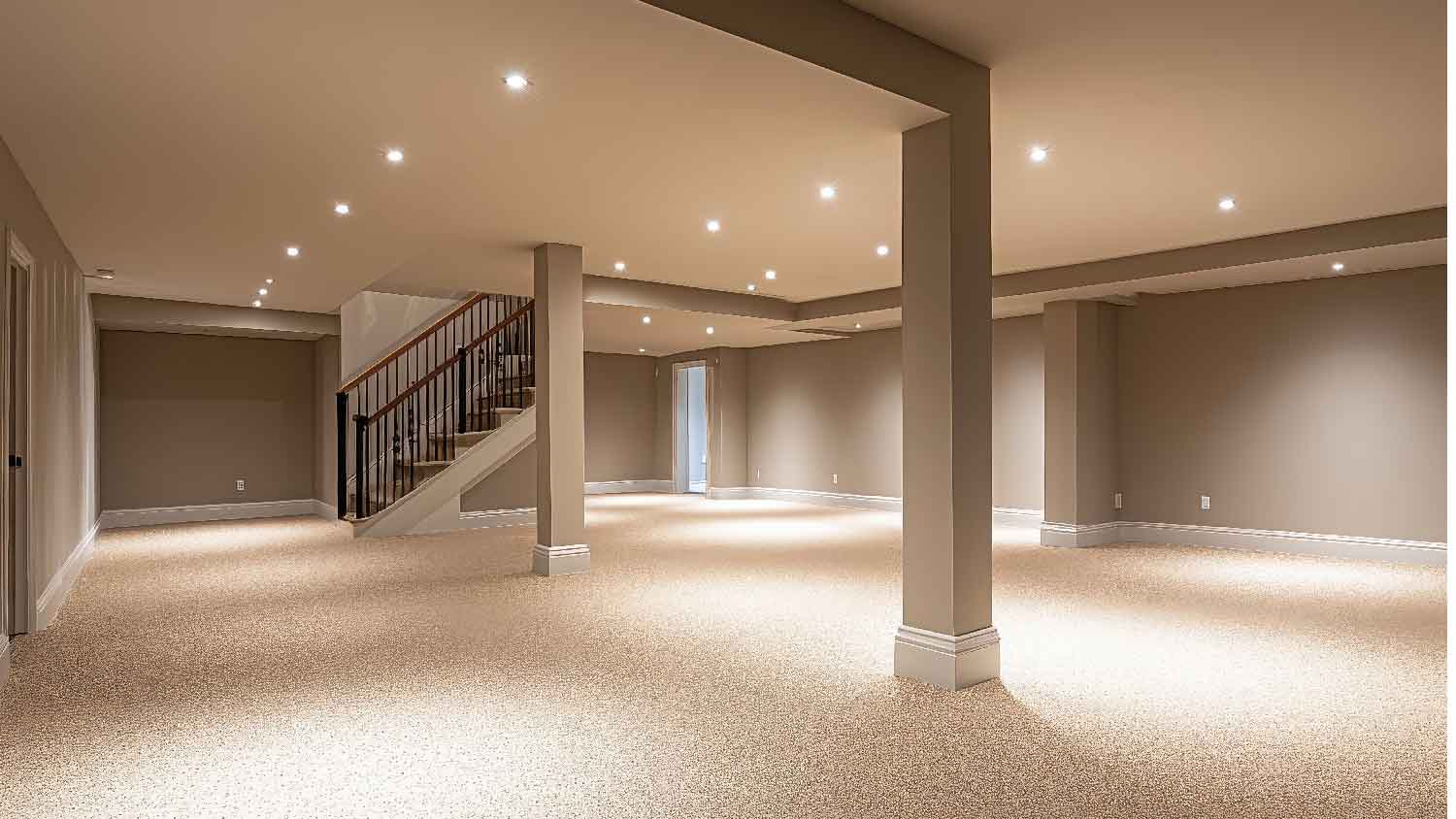 An empty basement with a carpet