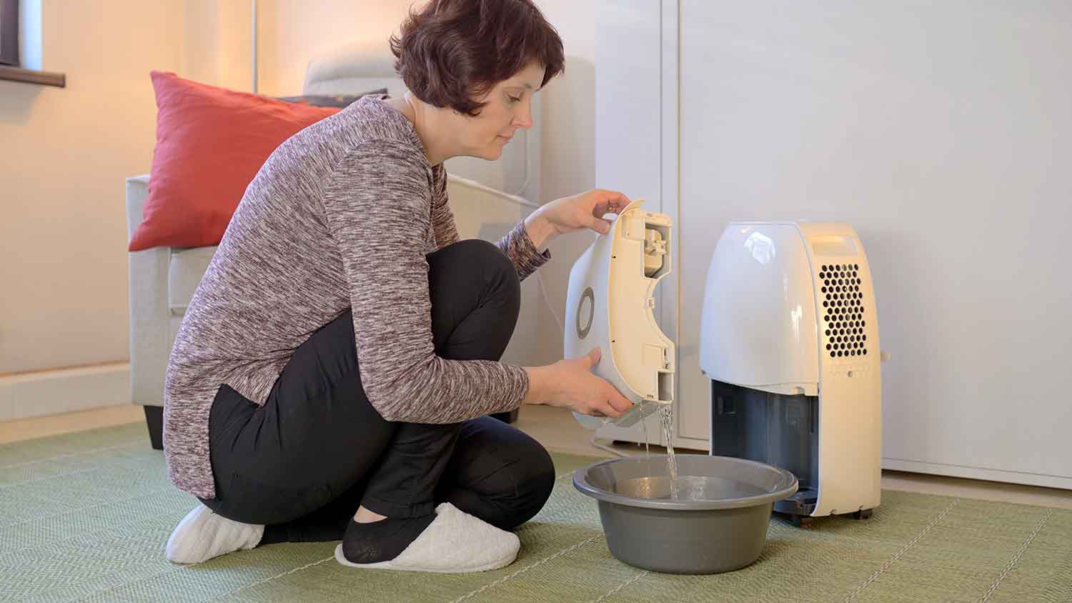 Woman emptying water from a portable dehumidifier