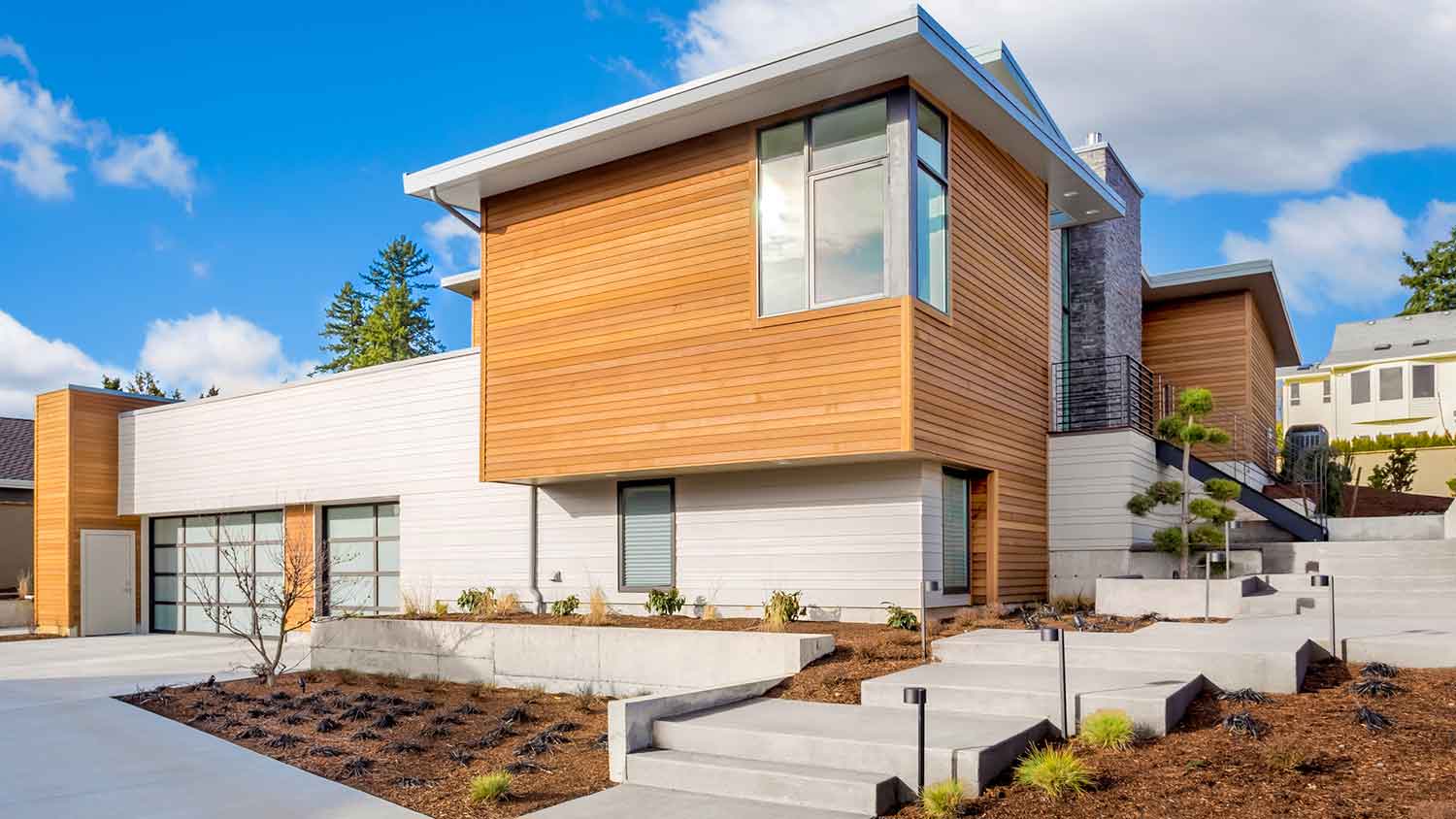 Contemporary style house exterior with engineered wood siding