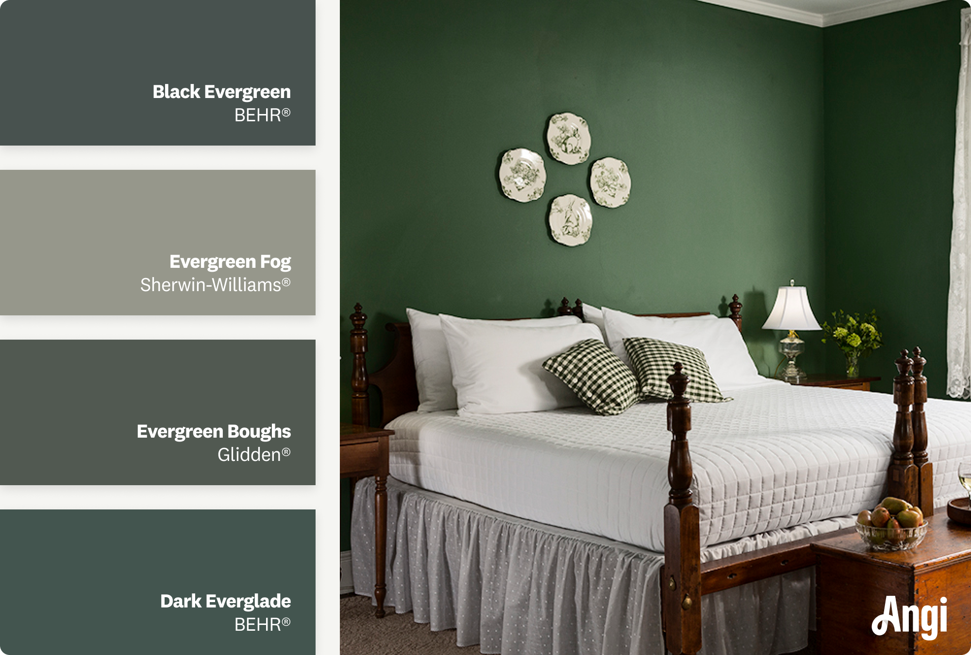 A cozy bed with white linens sits in a green bedroom with soft lighting, including evergreen paint swatches 