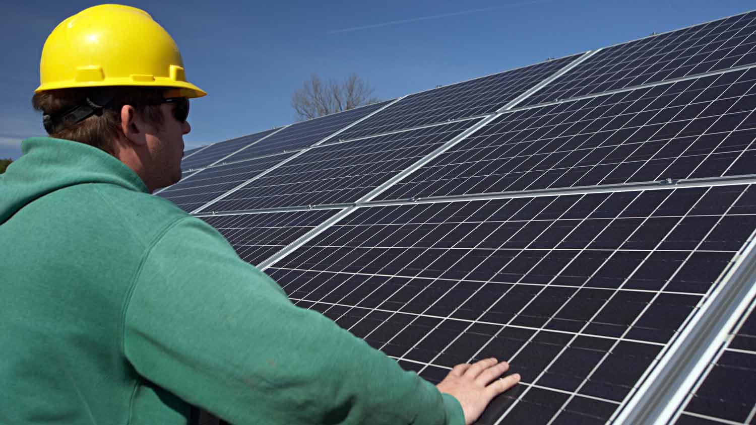 man examining solar panels