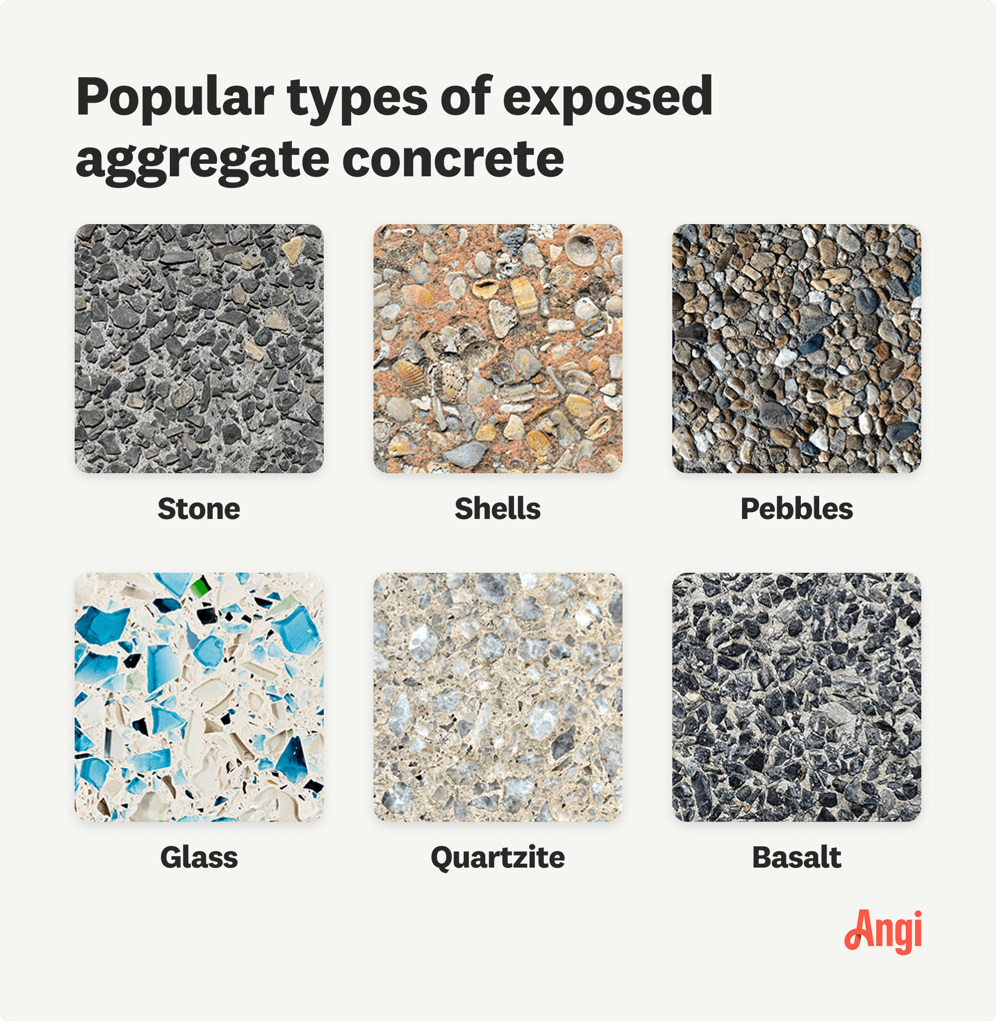 6 exposed aggregate concrete types compared visually, including stone, shells, and glass