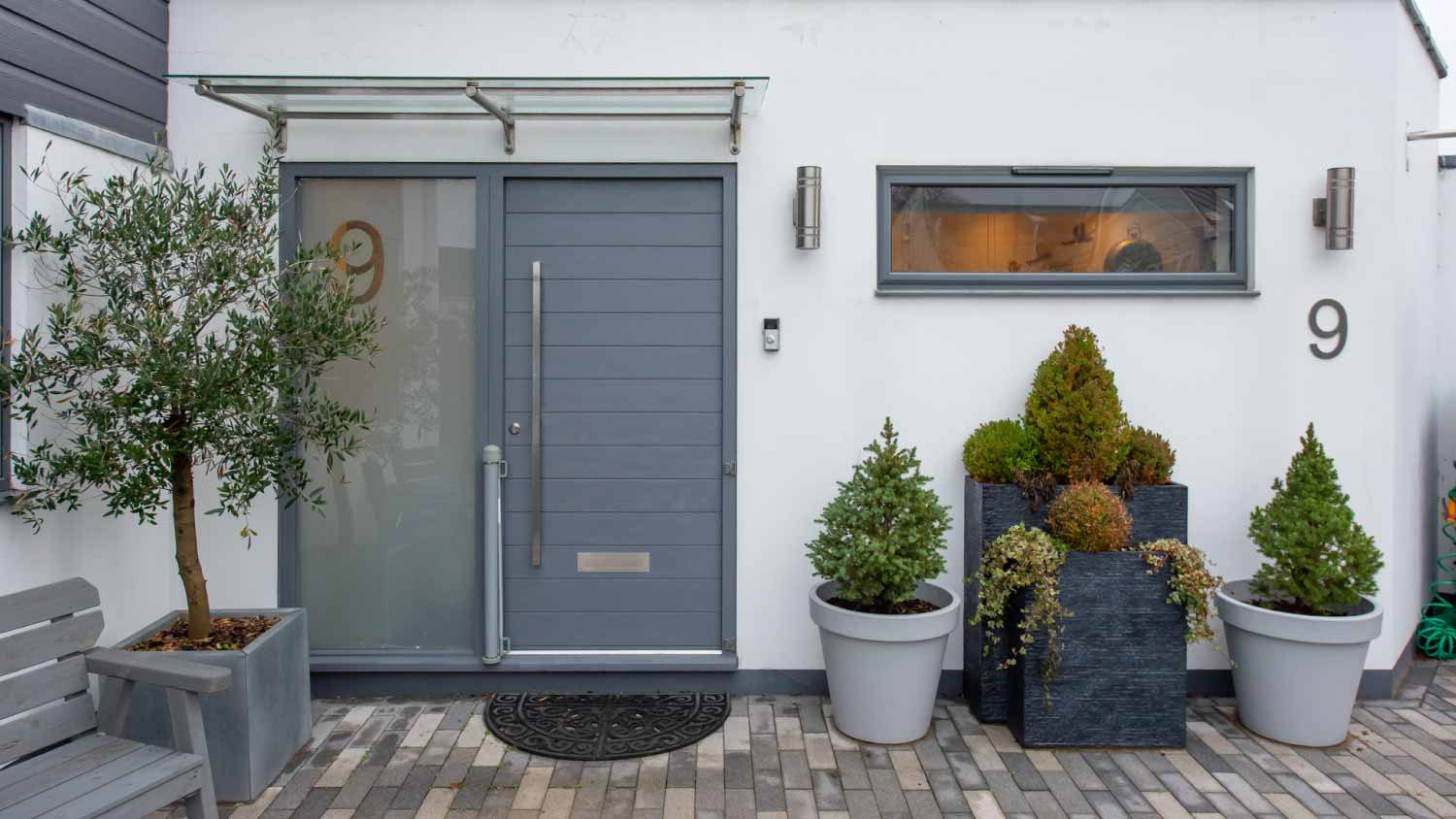 Exterior view of the gray front door