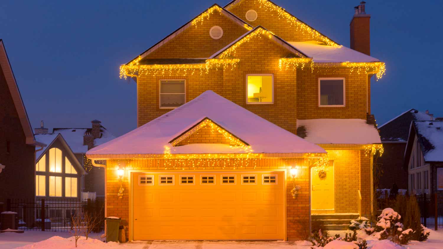 The exterior of a house with Christmas lights