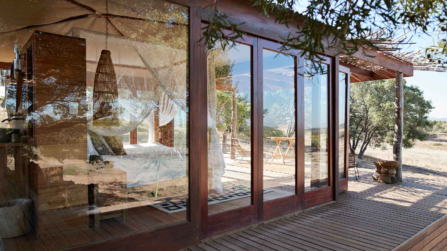 The exterior of a house with wooden windows