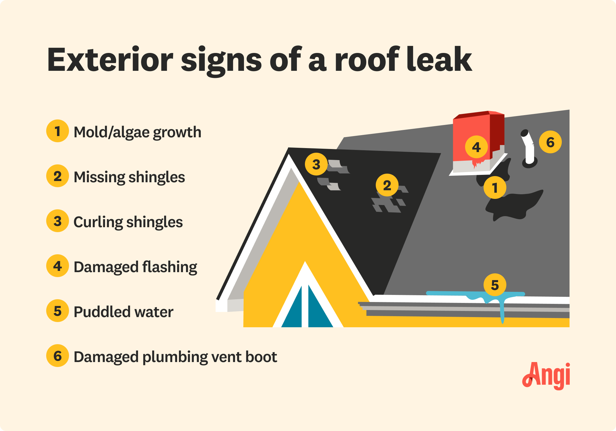 6 exterior roof leak signs illustrated, including missing shingles, damaged flashing, and puddled water