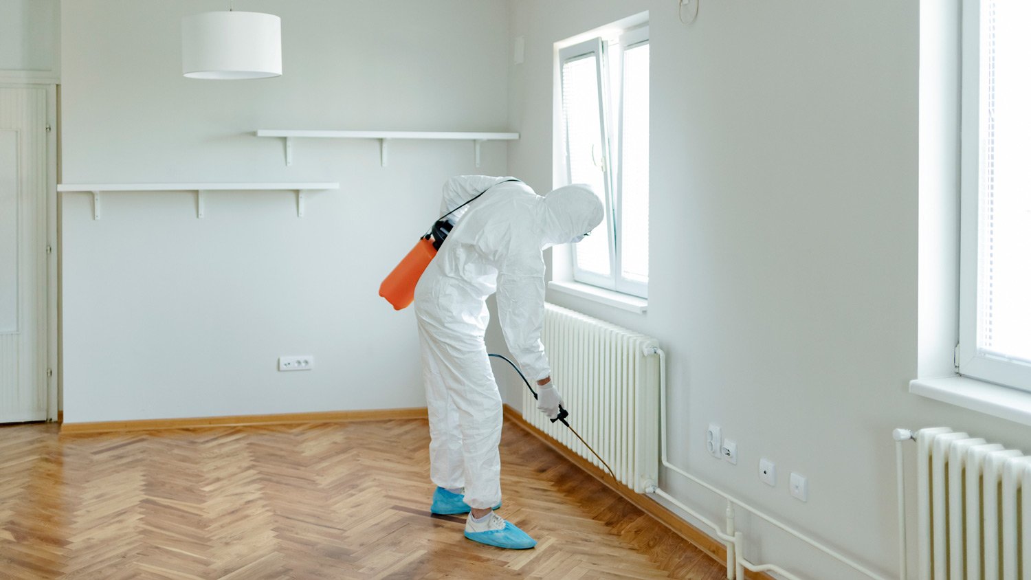 An exterminator disinfecting an empty house