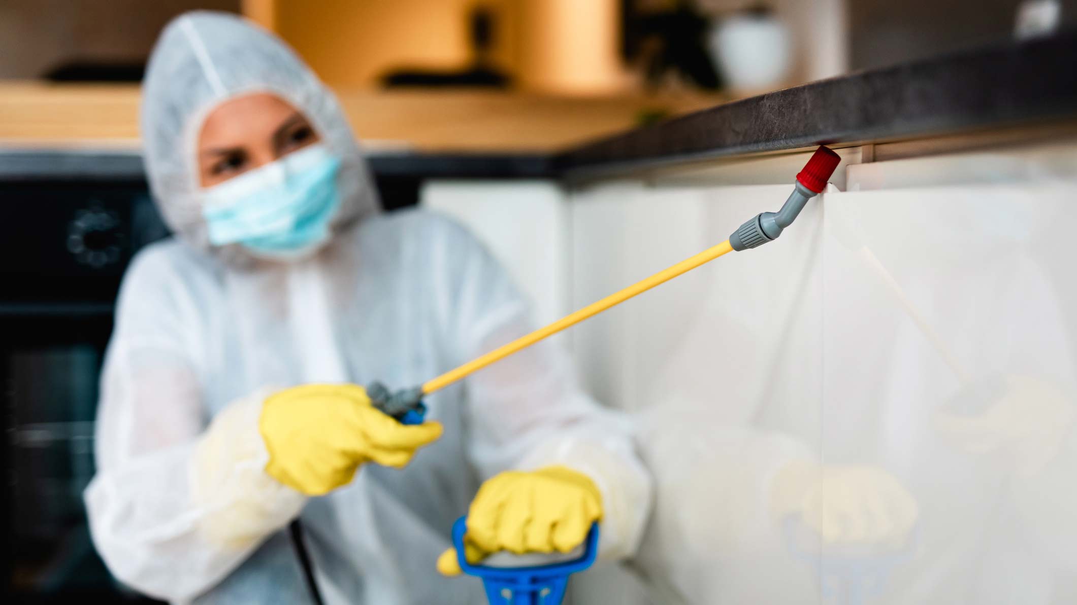 exterminator spraying kitchen