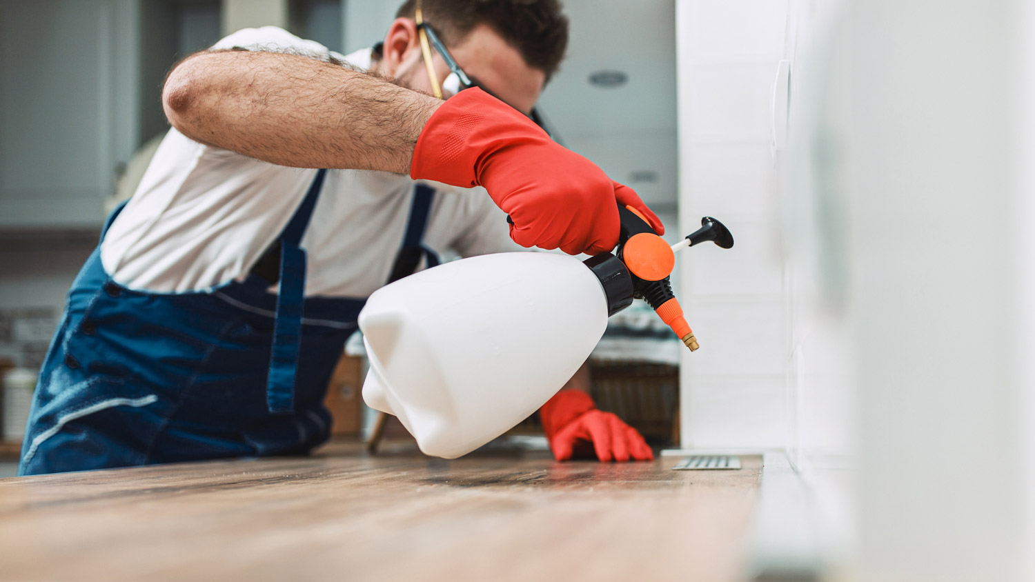 An exterminator spraying pesticide on the kitchen countertop