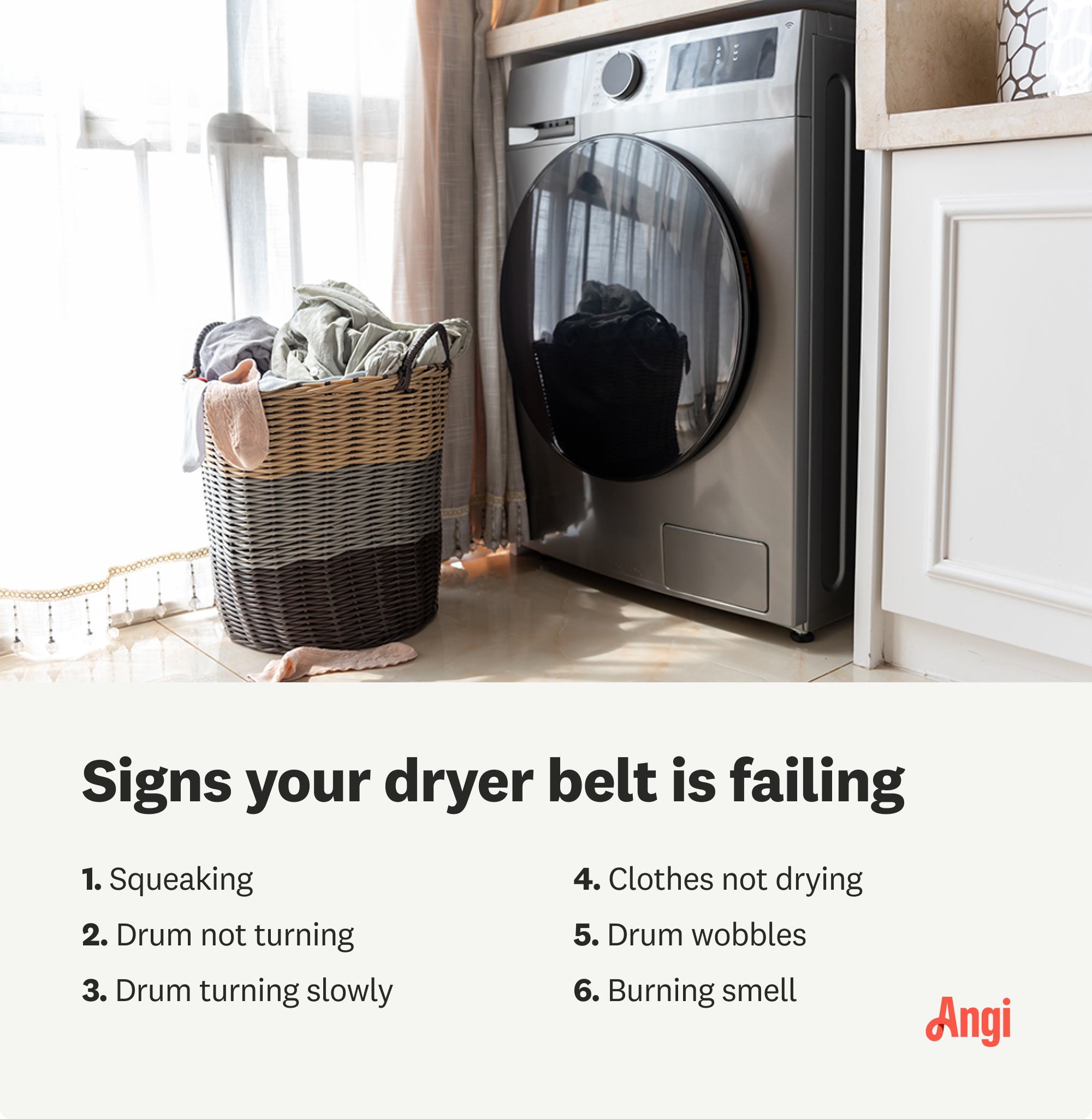 Signs your dryer belt is failing, including squeaking, drum wobbles, and burning smell