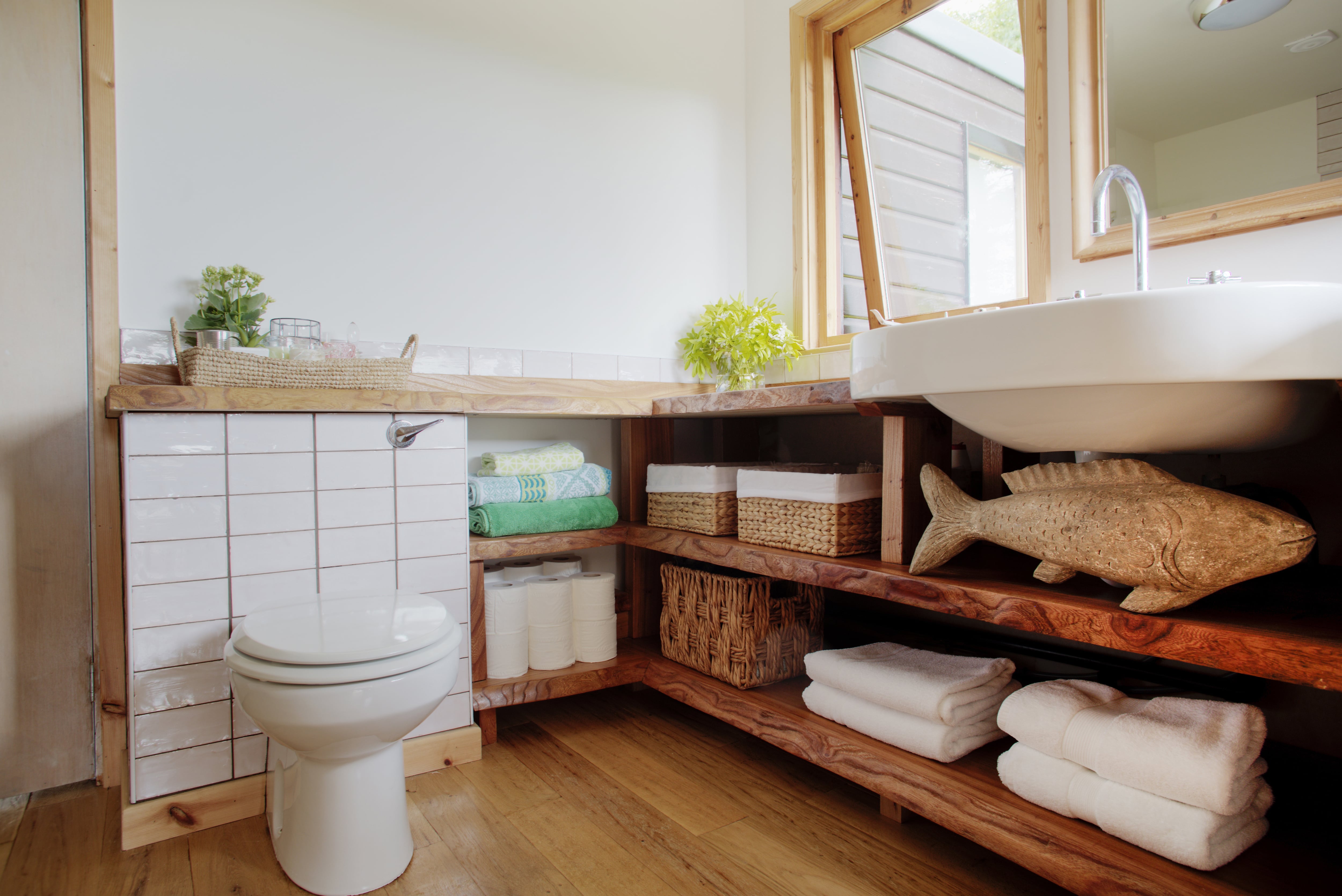 Rich colored wooden shelves with a built in sink