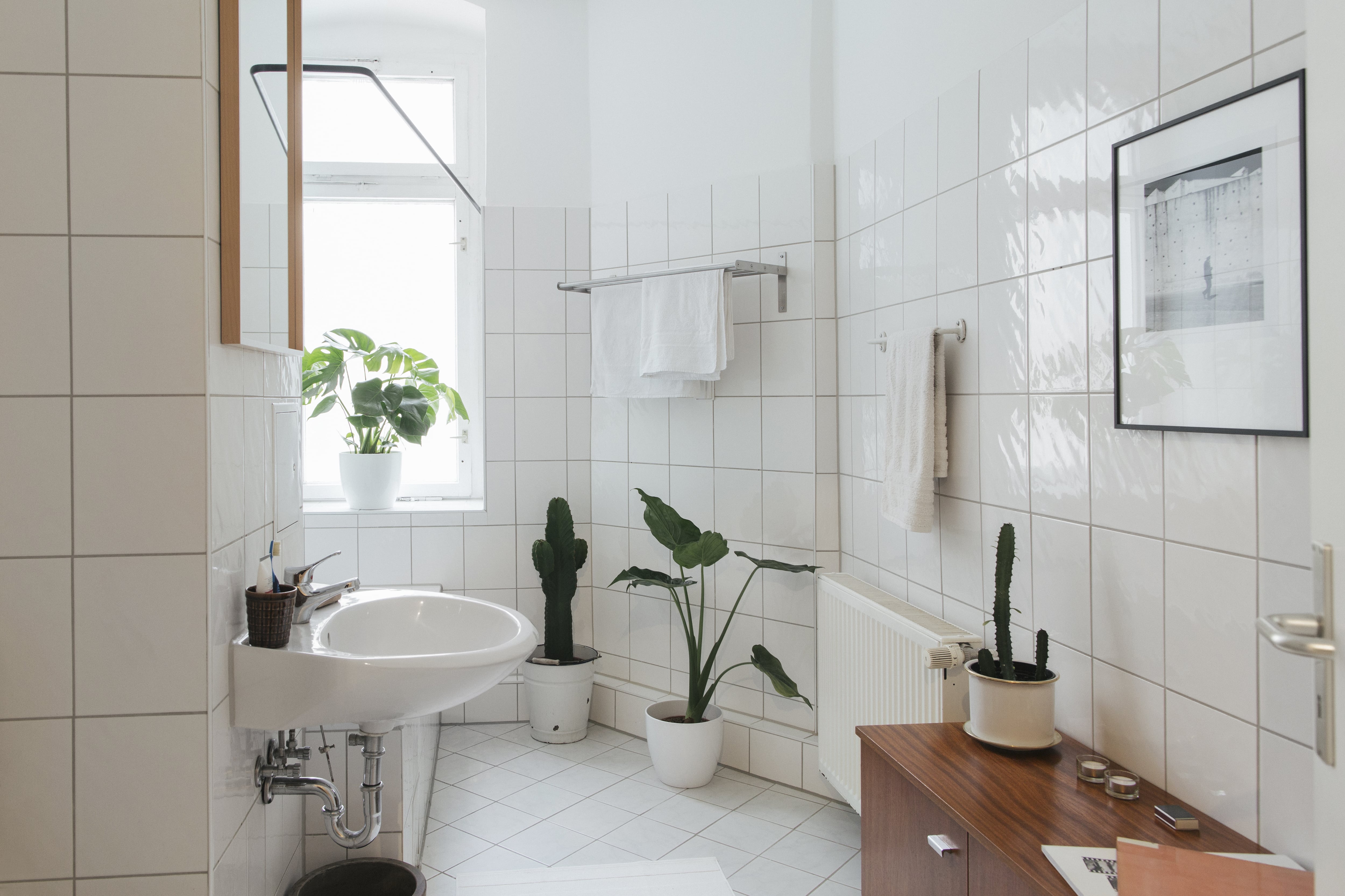 A bathroom with tile walls and floors