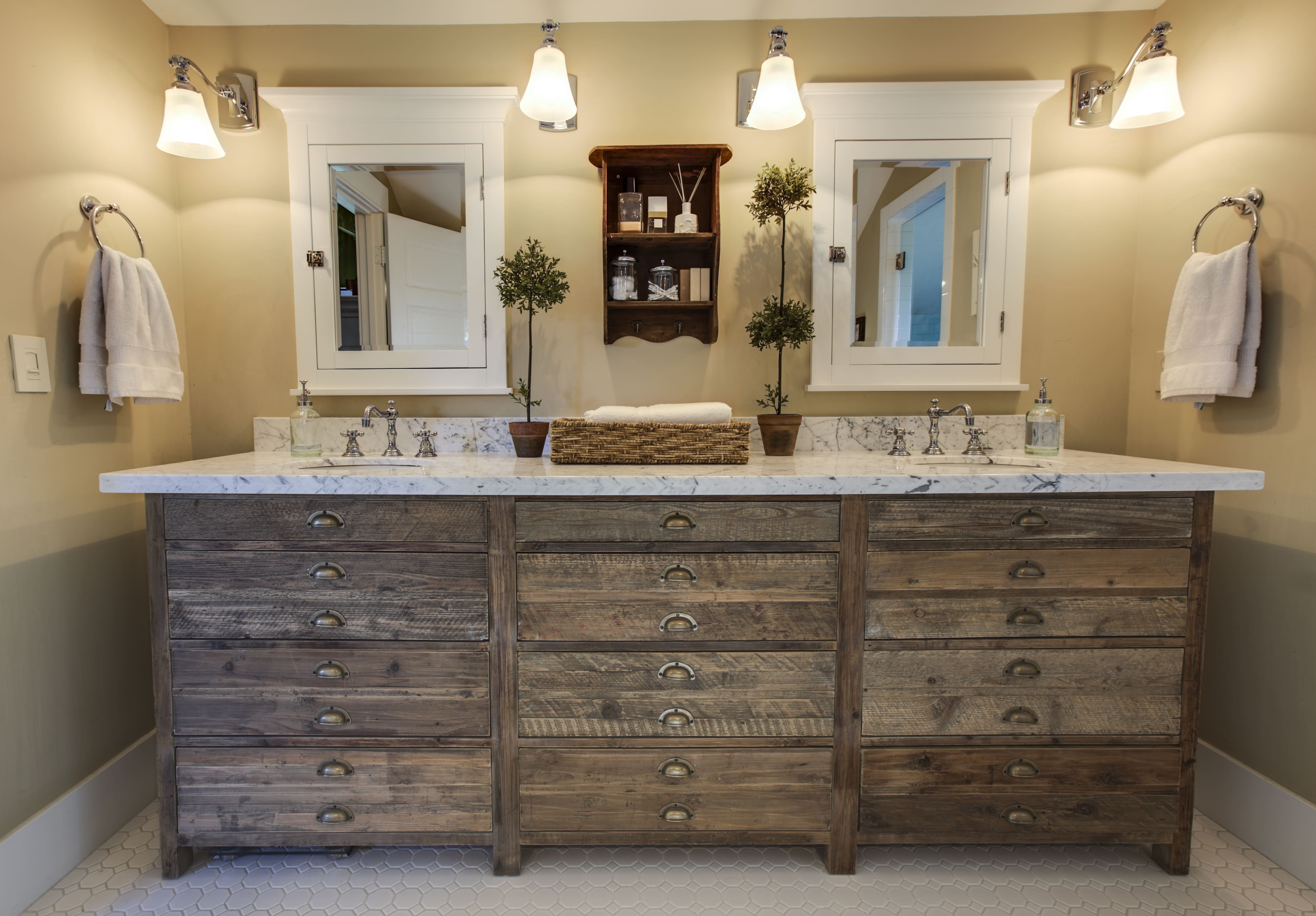A large, rustic wooden vanity