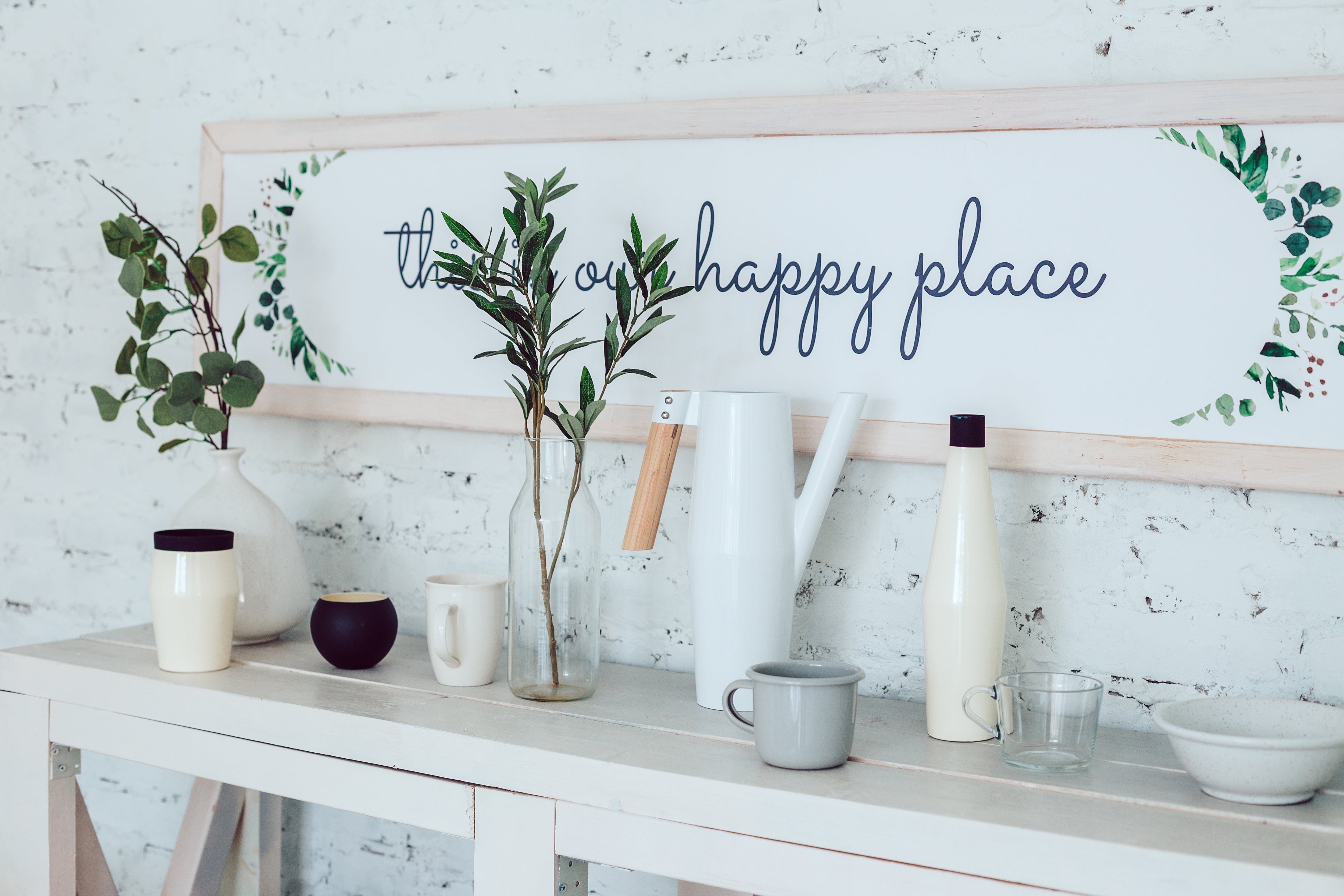 Farmhouse style console table with coffee and tea accessories