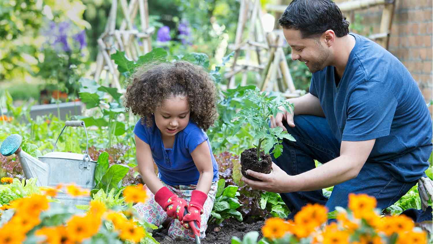 father and daughter in the yard gardening