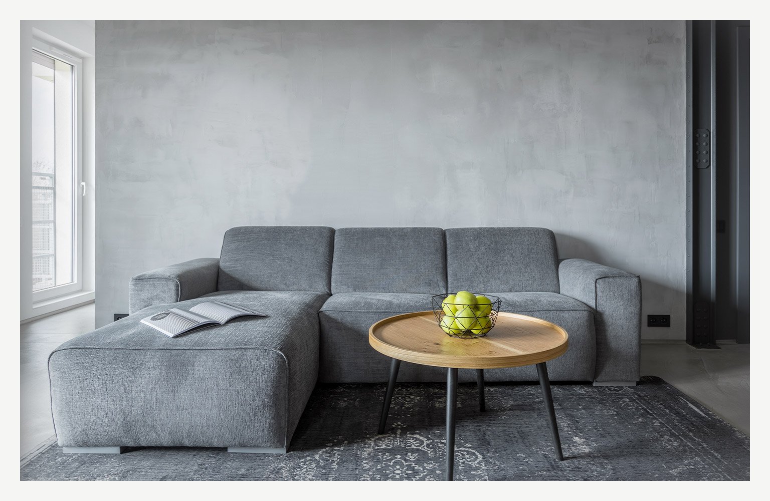 faux concrete wall painting in living room