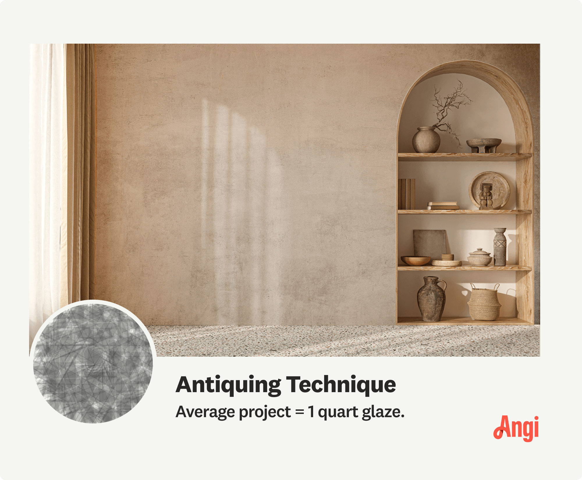 Image with antiquing technique illustrated on living room wall, including amount of paint needed for an average project