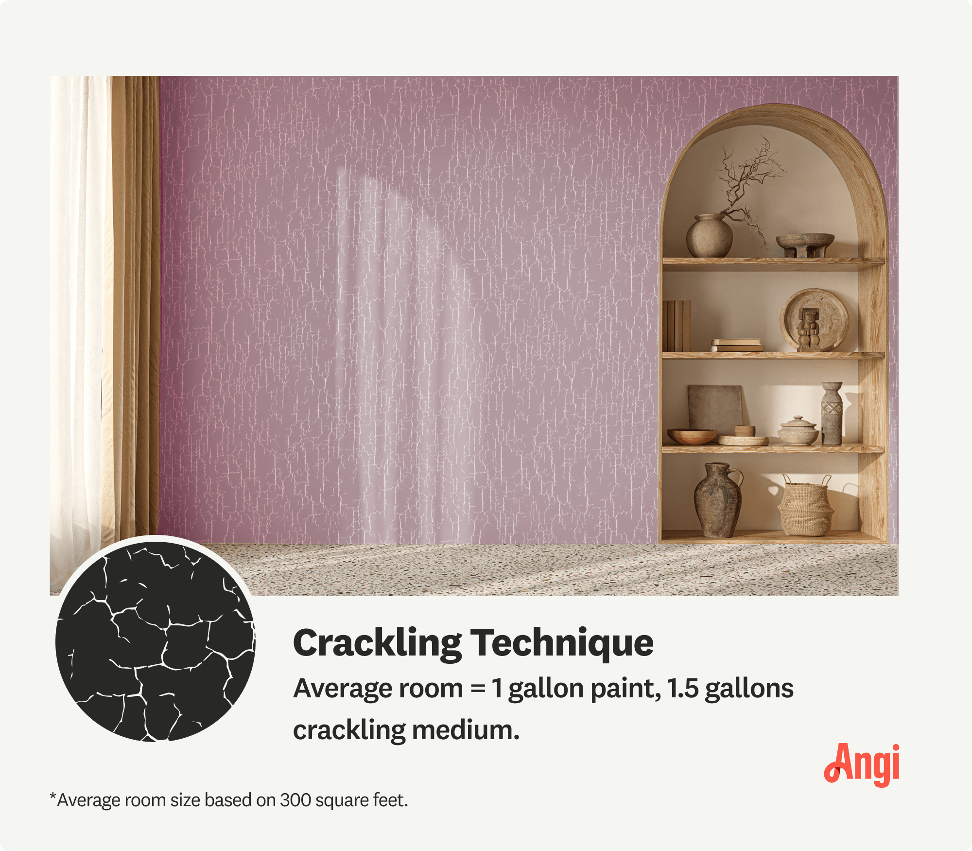 Image with crackling technique illustrated on living room wall, including amount of paint needed for a 300 square foot room