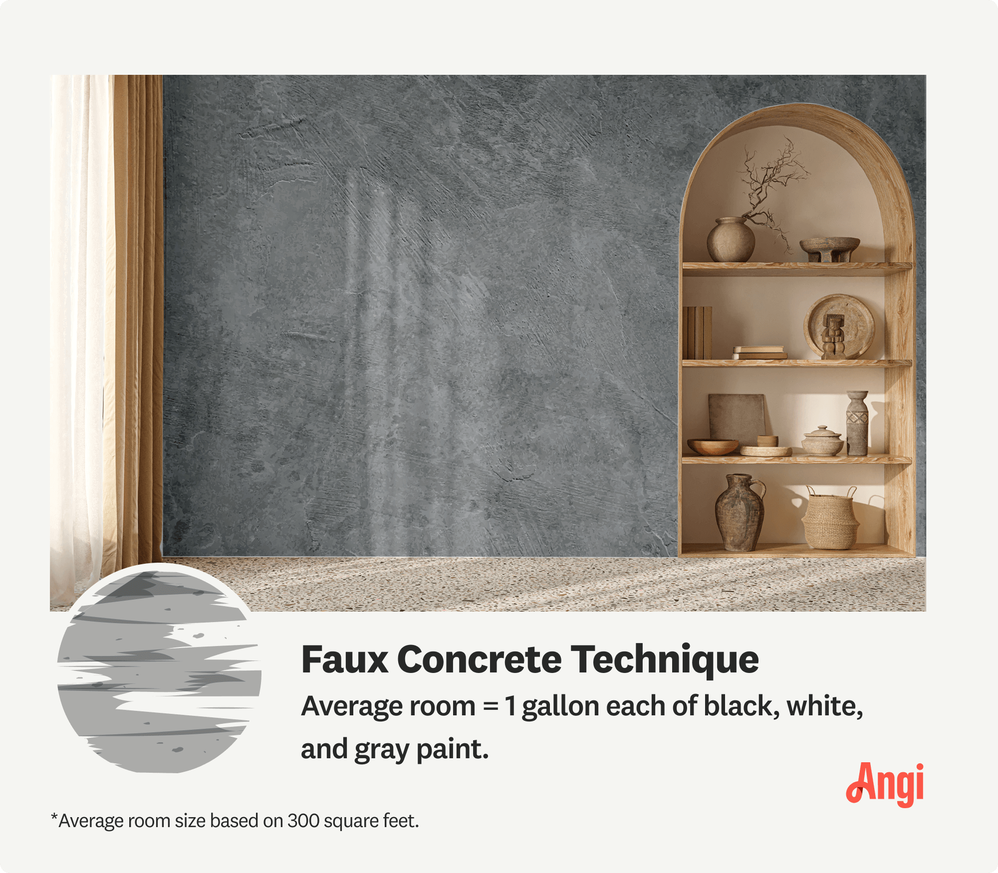 Image with faux concrete technique illustrated on living room wall, including amount of paint needed for a 300 square foot room