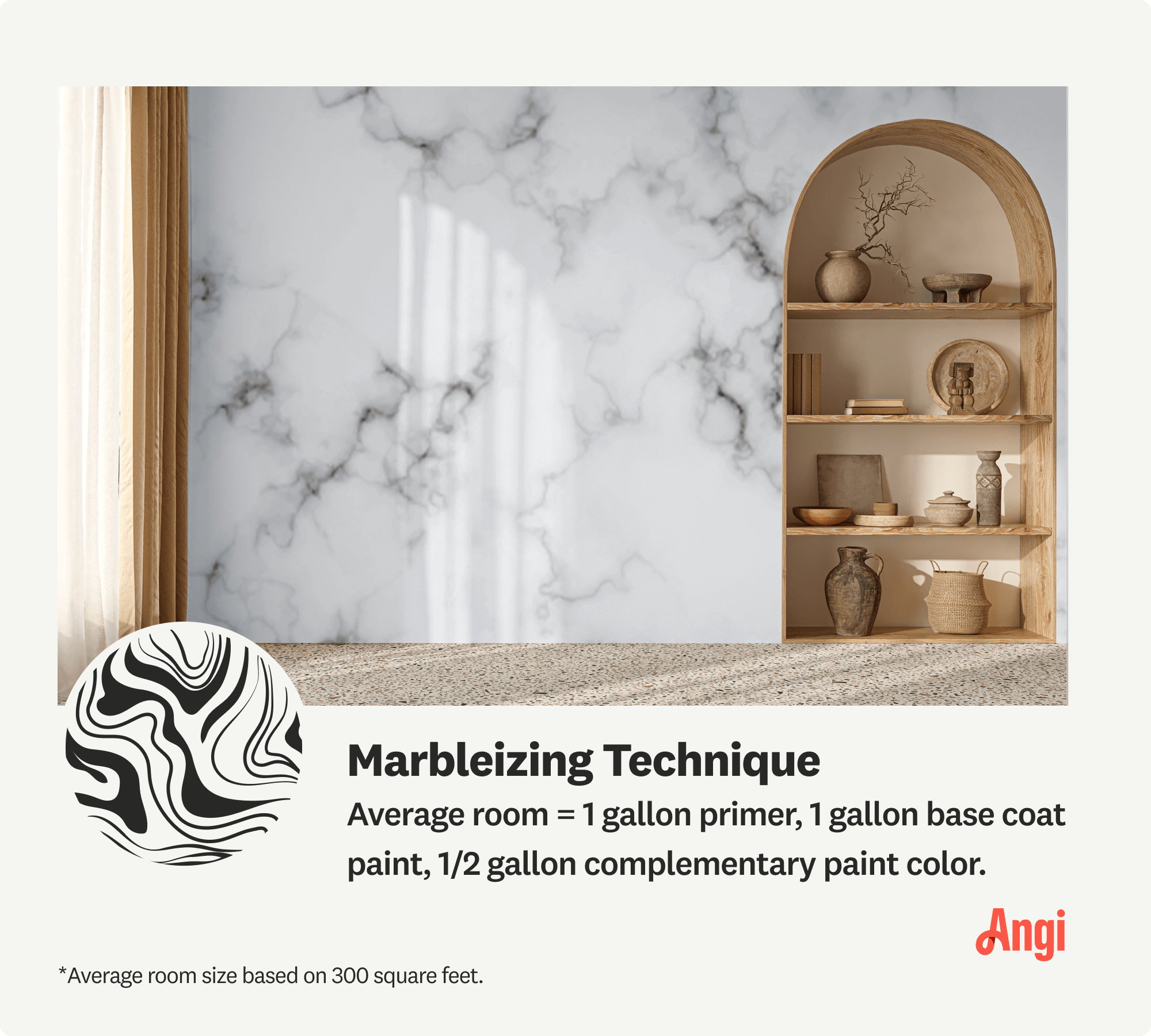 Image with marbleizing technique illustrated on living room wall, including amount of paint needed for a 300 square foot room