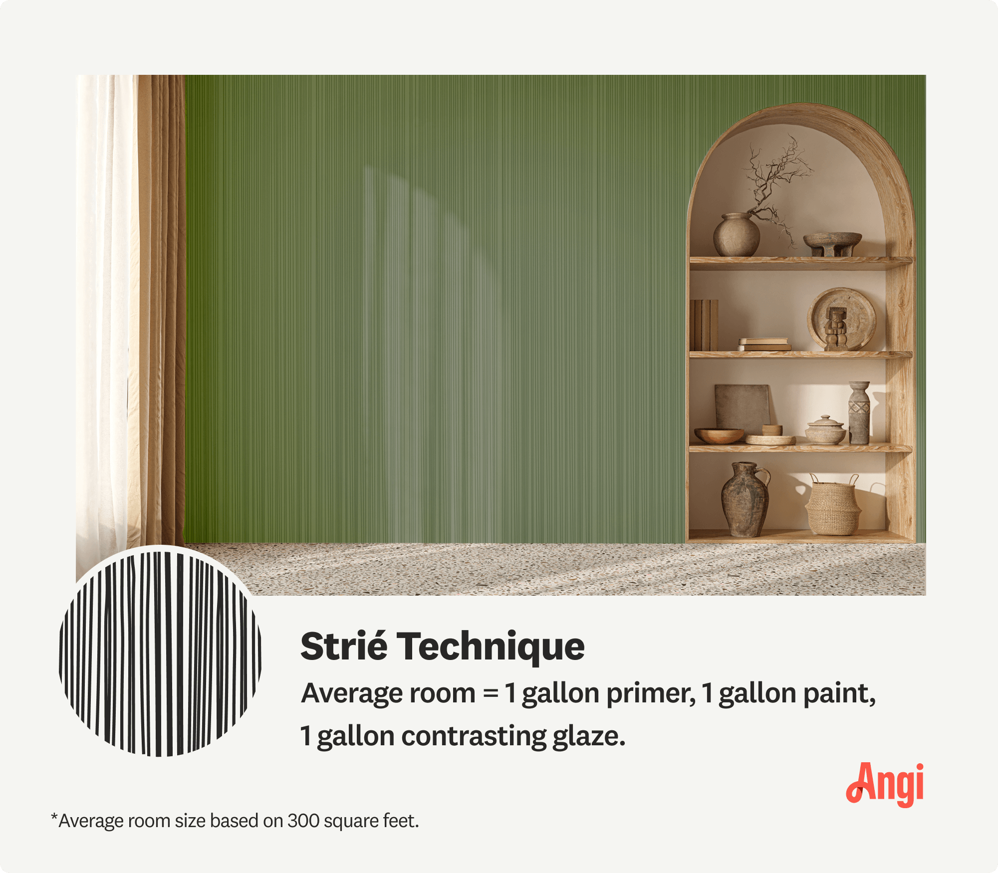 Image with strié technique illustrated on living room wall, including amount of paint needed for a 300 square foot room
