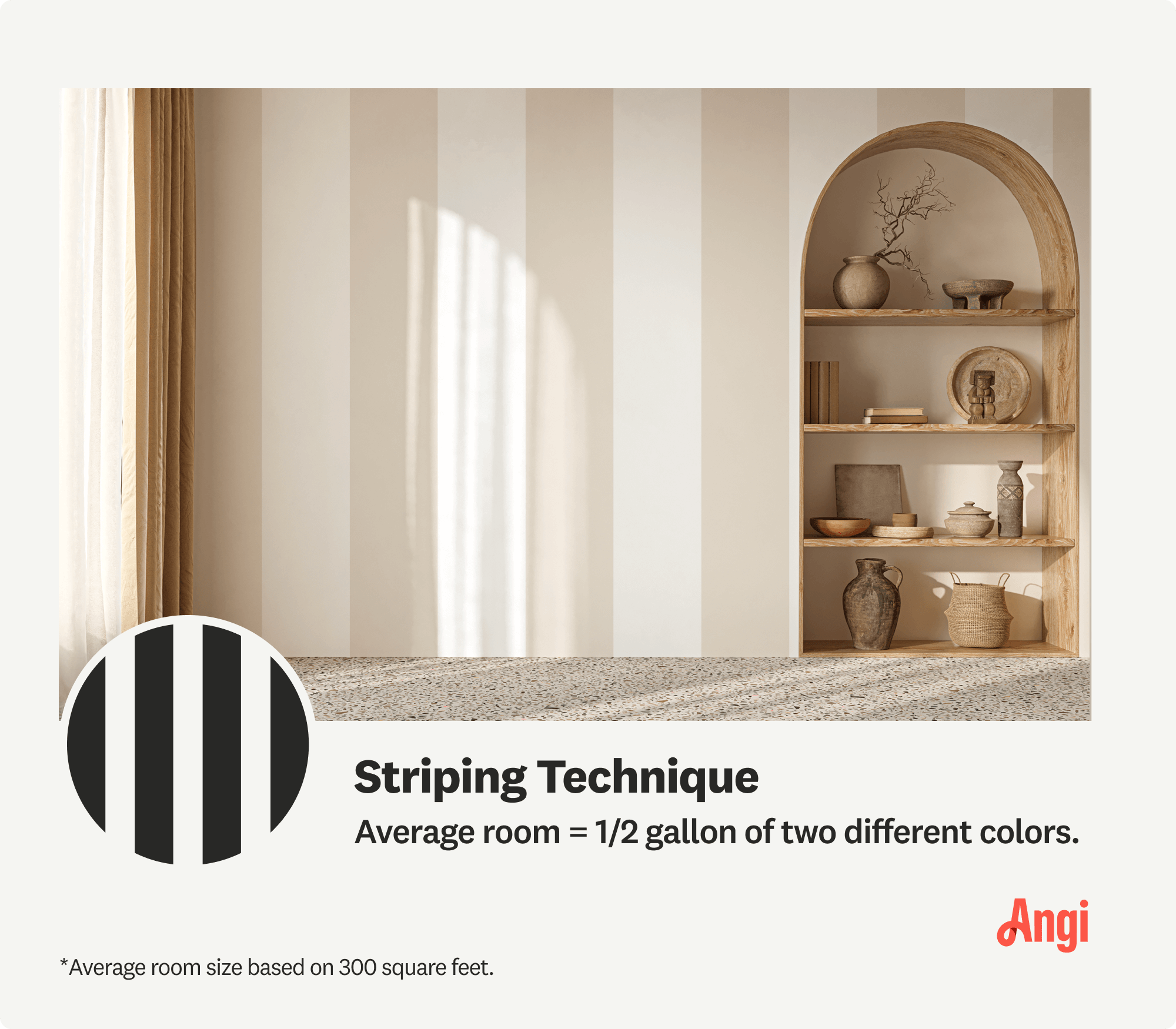 Image with striping technique illustrated on living room wall, including amount of paint needed for a 300 square foot room