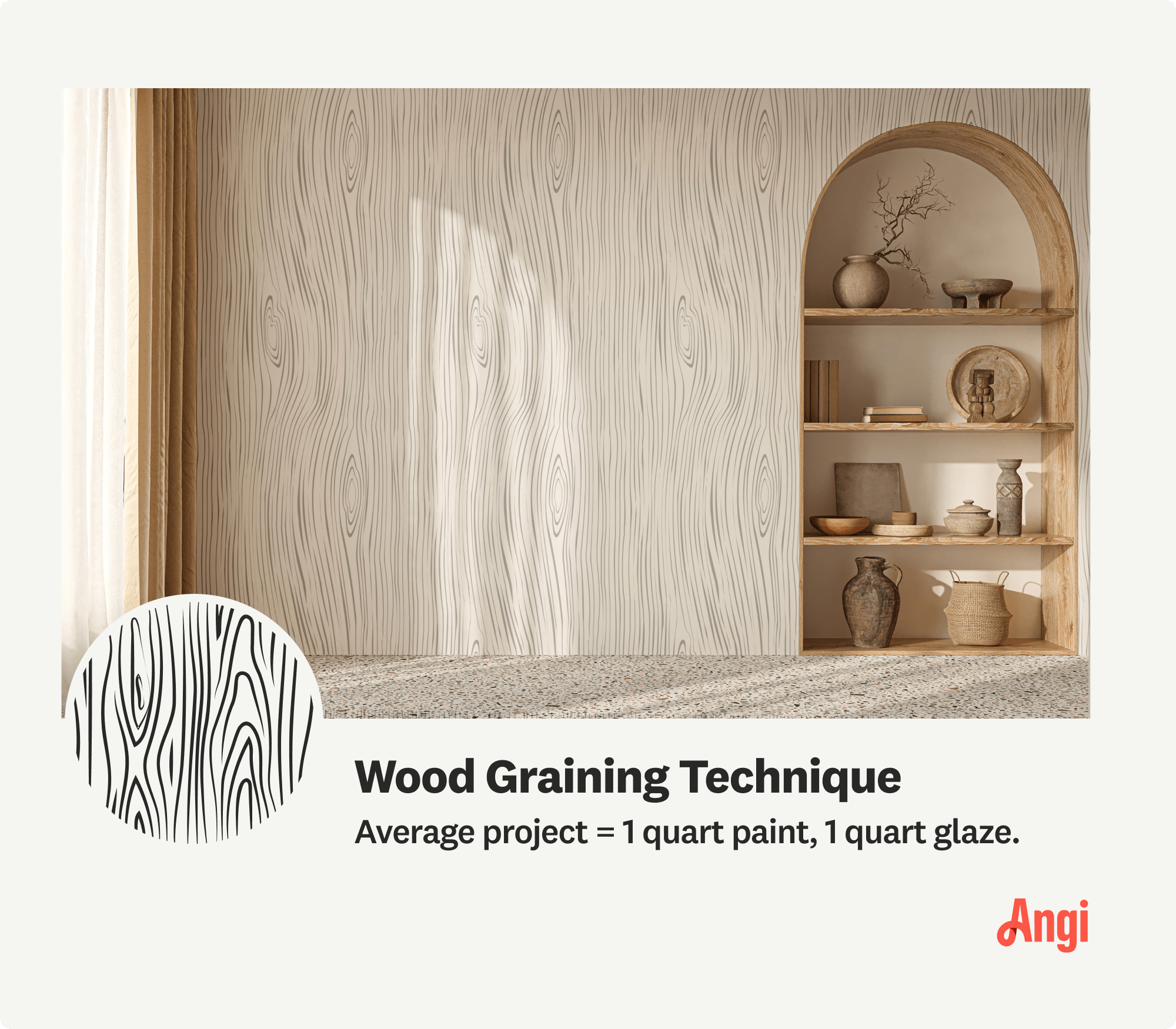 Image with wood graining technique illustrated on living room wall, including amount of paint needed for an average project