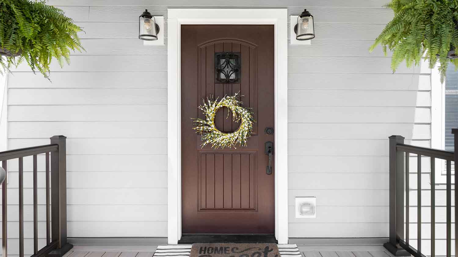 Fiberglass entry door installed in a porch