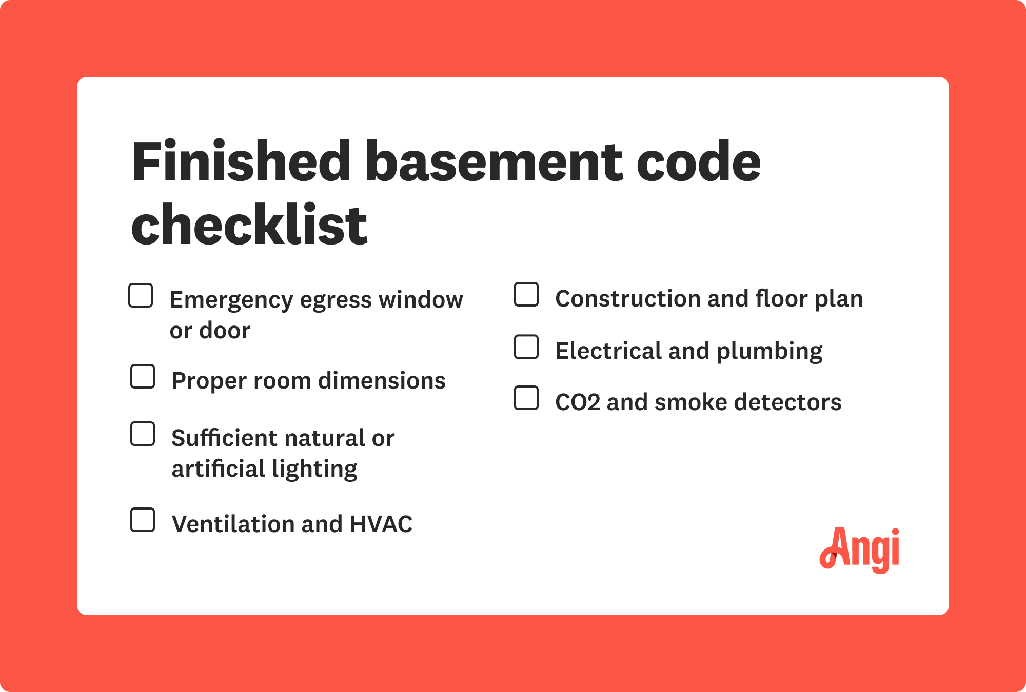 Finished basement code checklist, including proper bedroom dimensions, ventilation and HVAC, and smoke detectors