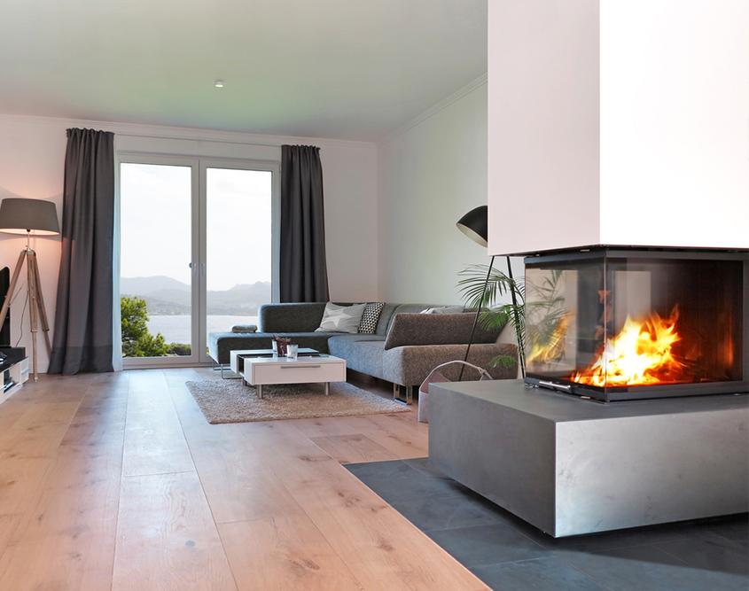 modern fireplace with clean lines on side of living room