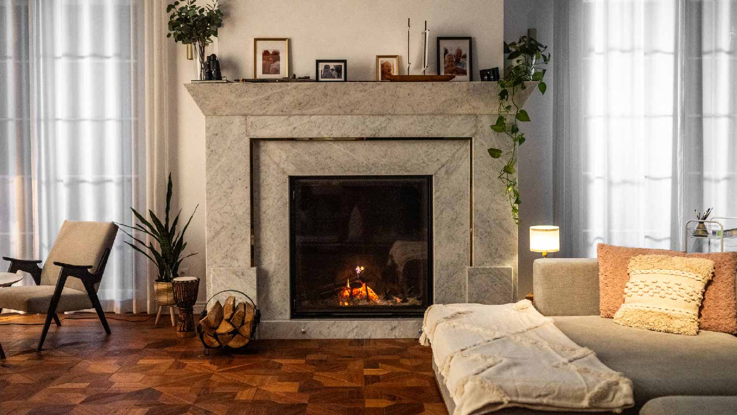 A fireplace with glass doors