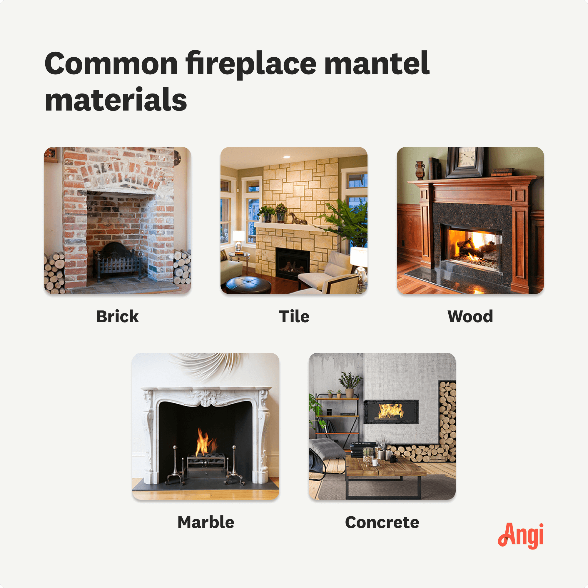 5 fireplace mantel material types compared visually, including concrete, wood, and brick