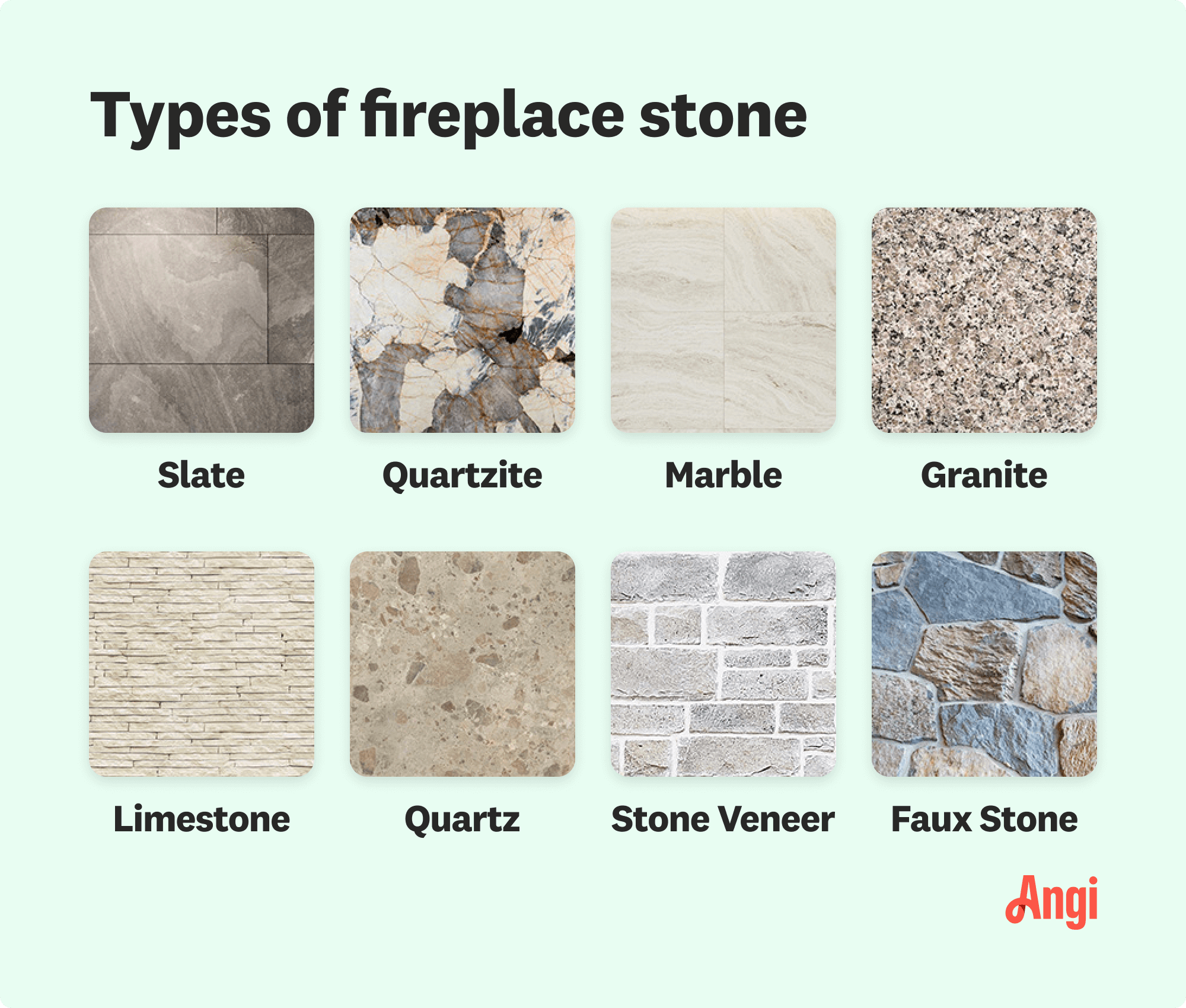 8 fireplace stone types compared visually, including marble, granite, limestone, and quartz