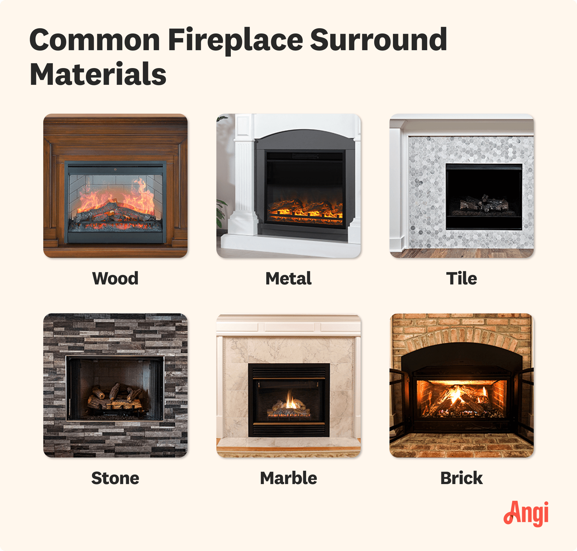 6 fireplace surround materials compared visually, including wood, tile, marble, and brick
