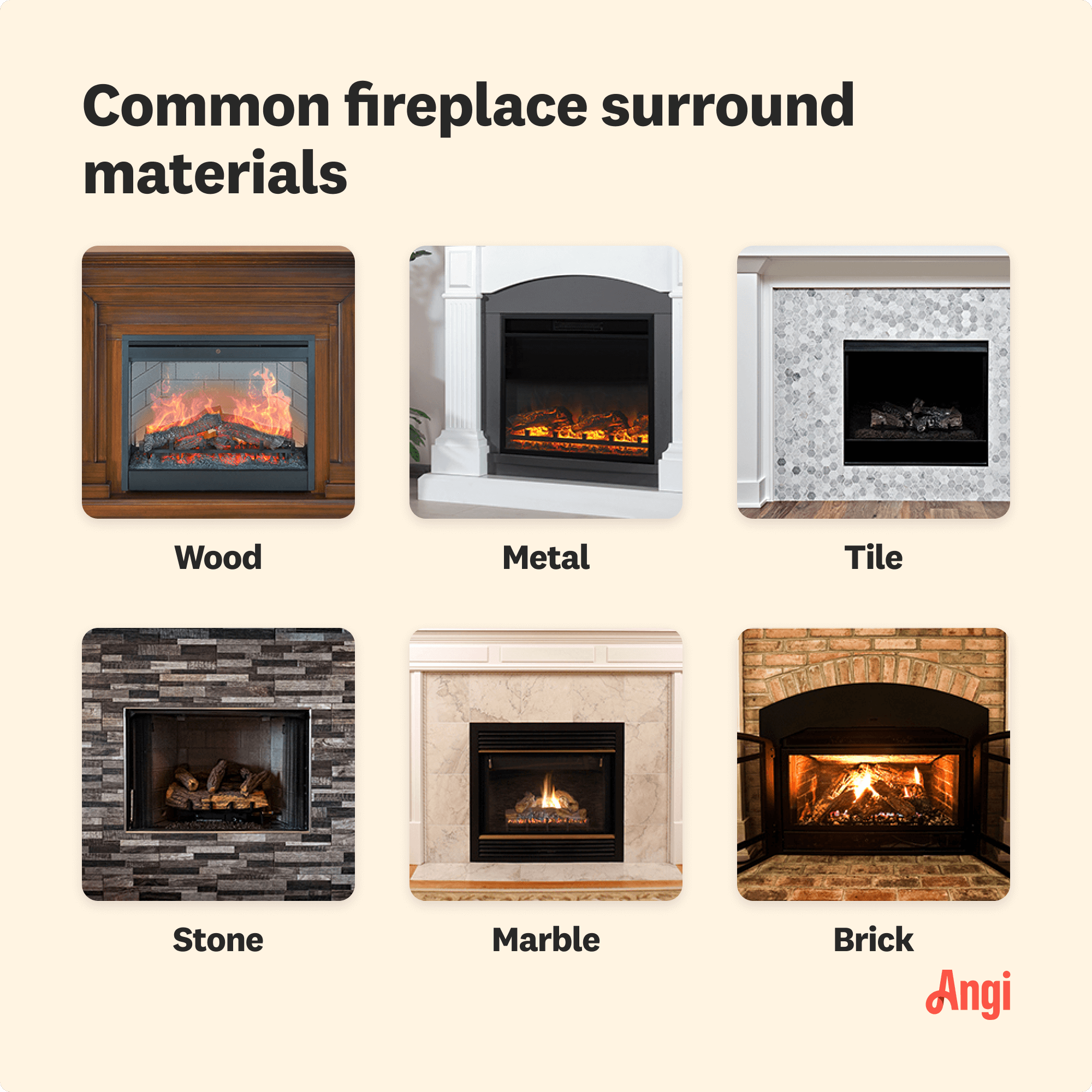 6 fireplace surround materials compared visually, including wood, tile, marble, and brick