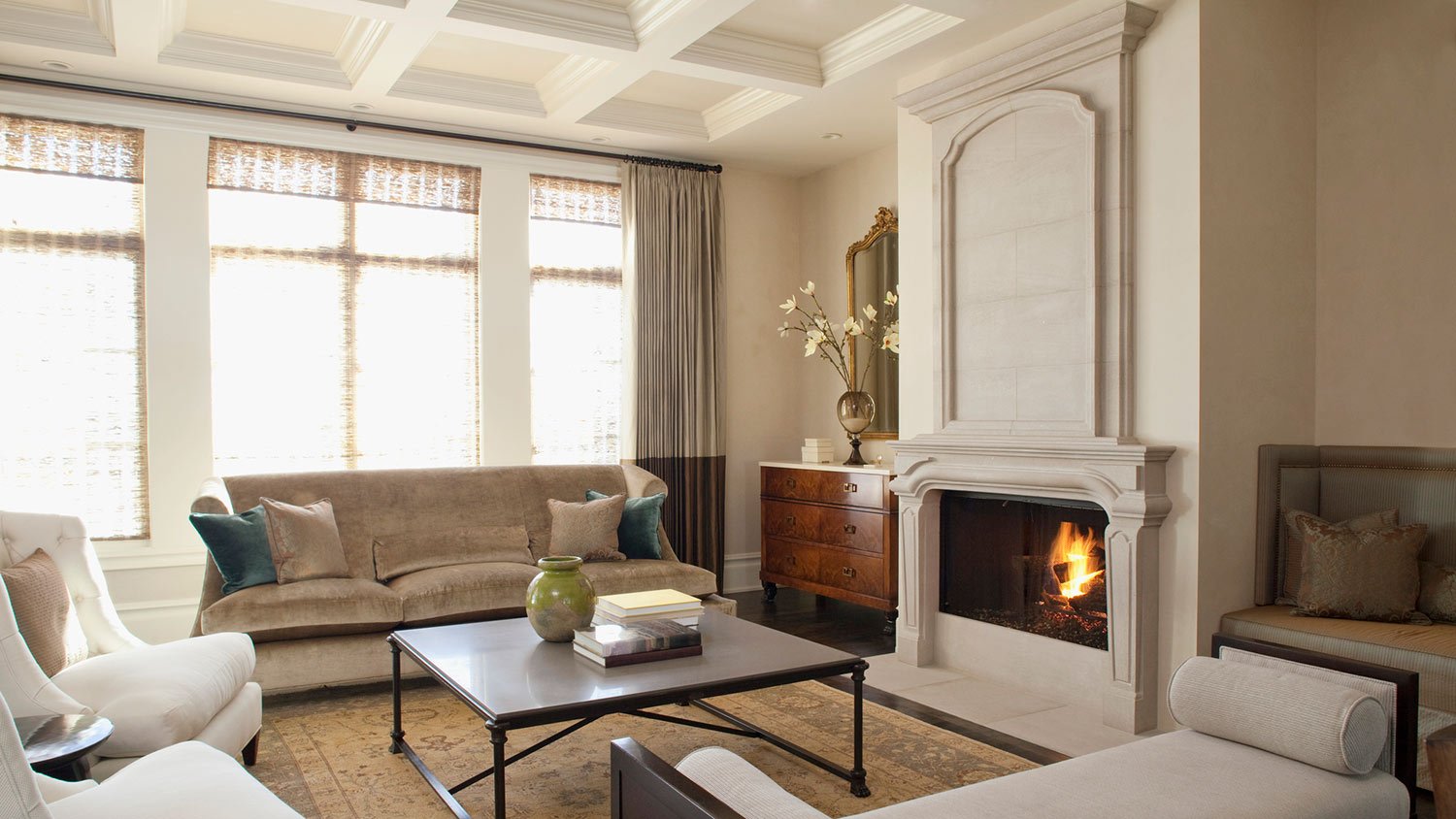 Fireplace with limestone surround