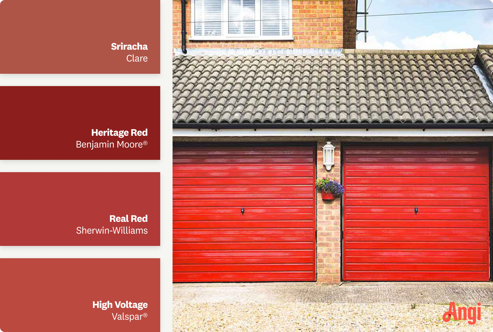 Brick house with red garage doors, including different tones of firetruck red paint