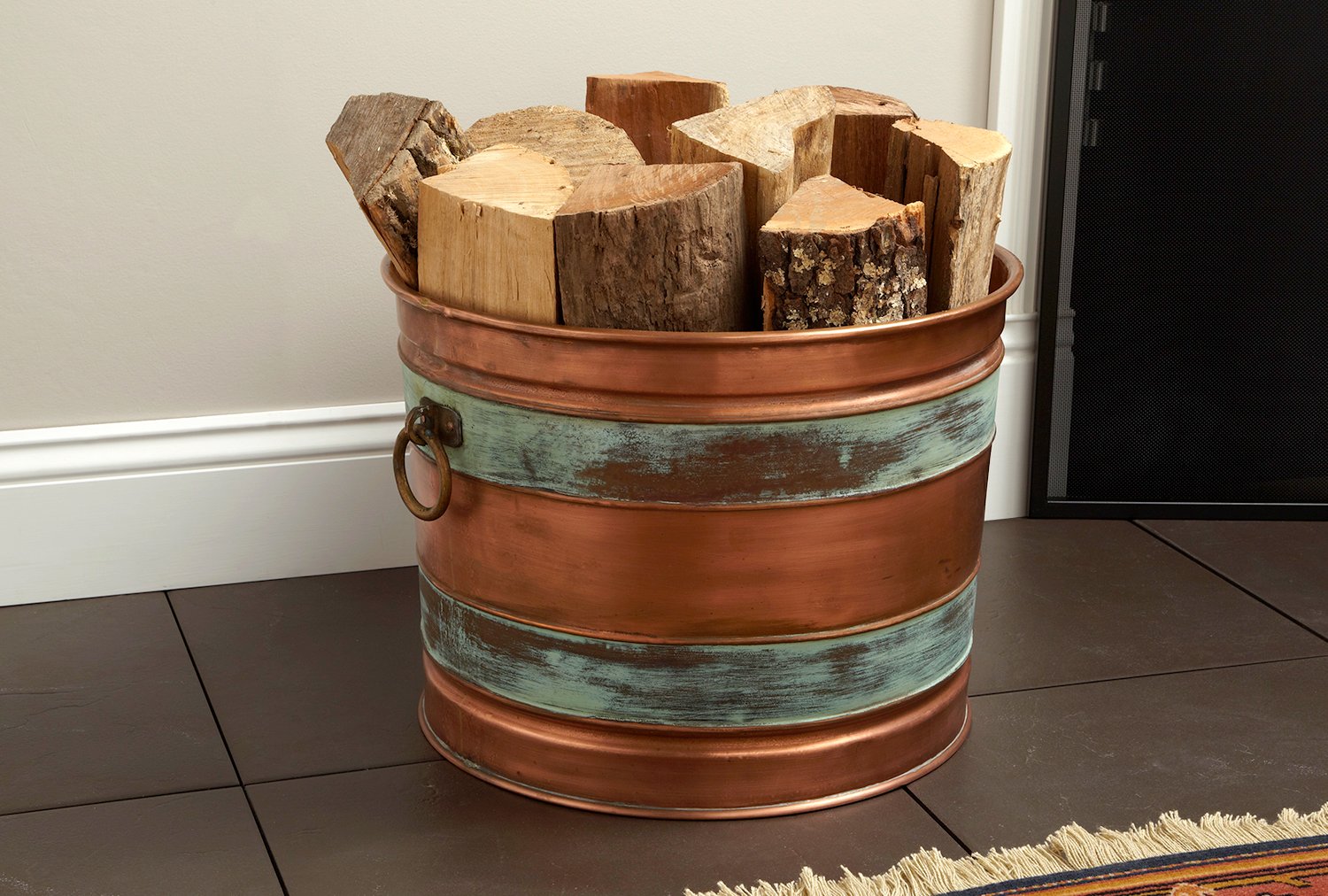 copper bucket firewood storage