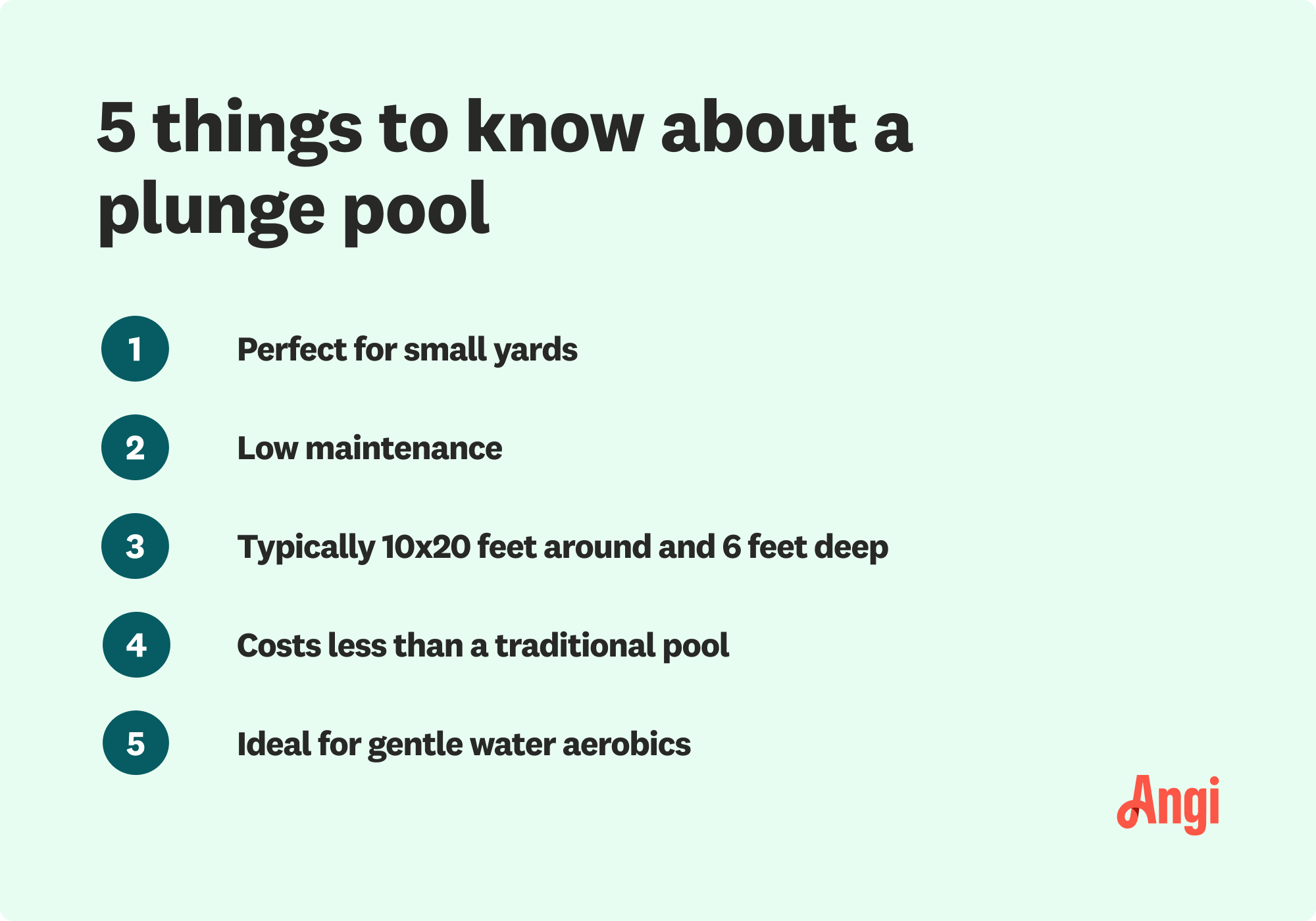 5 things to know about plunge pools, including they are low maintenance and typically 10x20 feet around and 6 feet deep