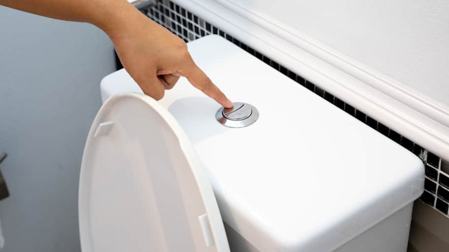 Person flushing a dual flush toilet 