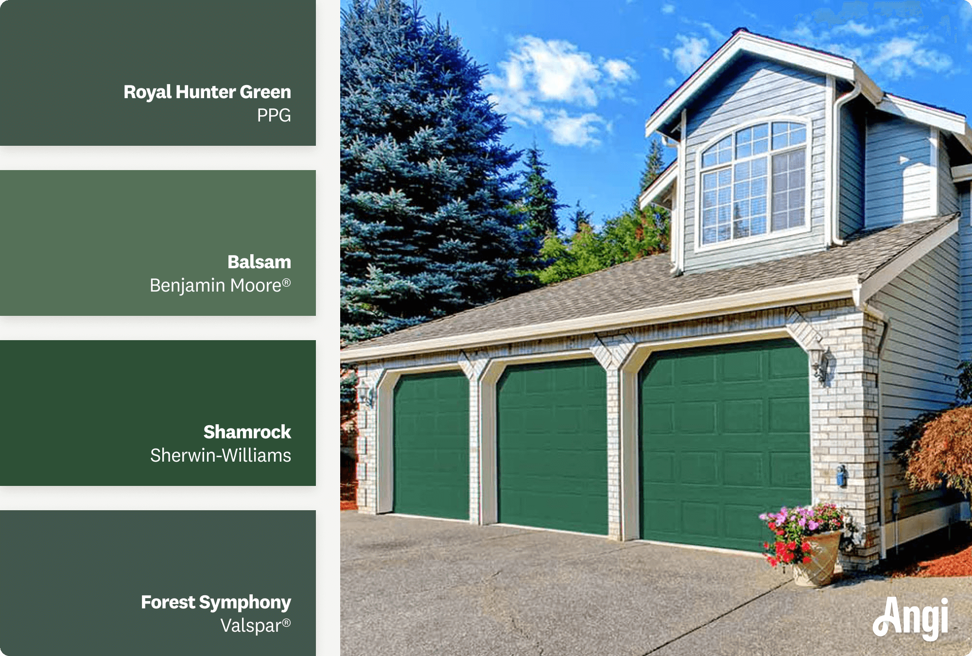 Large house with three car garage painted forest green, including different tones of forest green paint