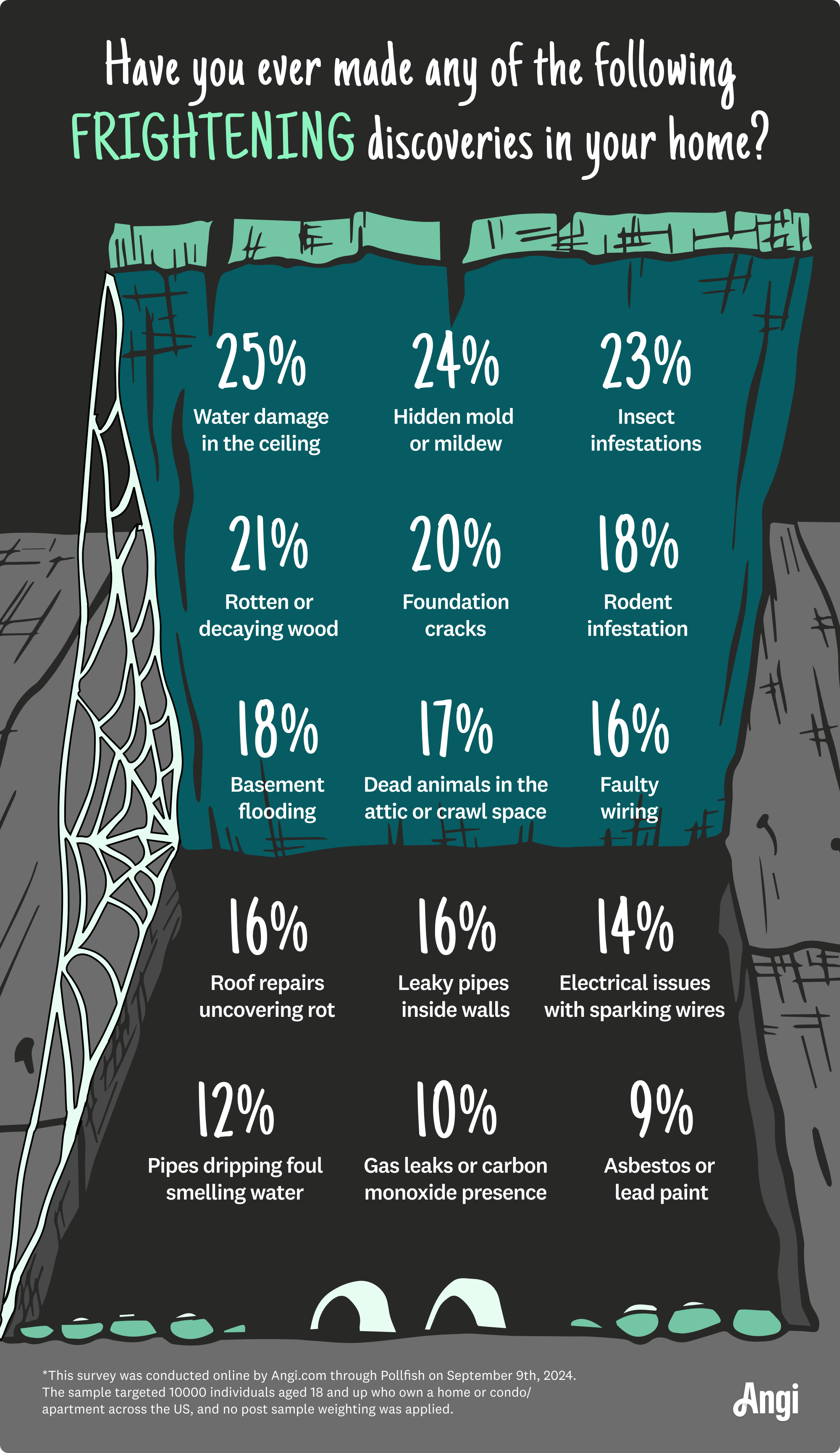 Infographic about what frightening discoveries you’ve made in your home, with 25% of respondents saying water damage in the ceiling