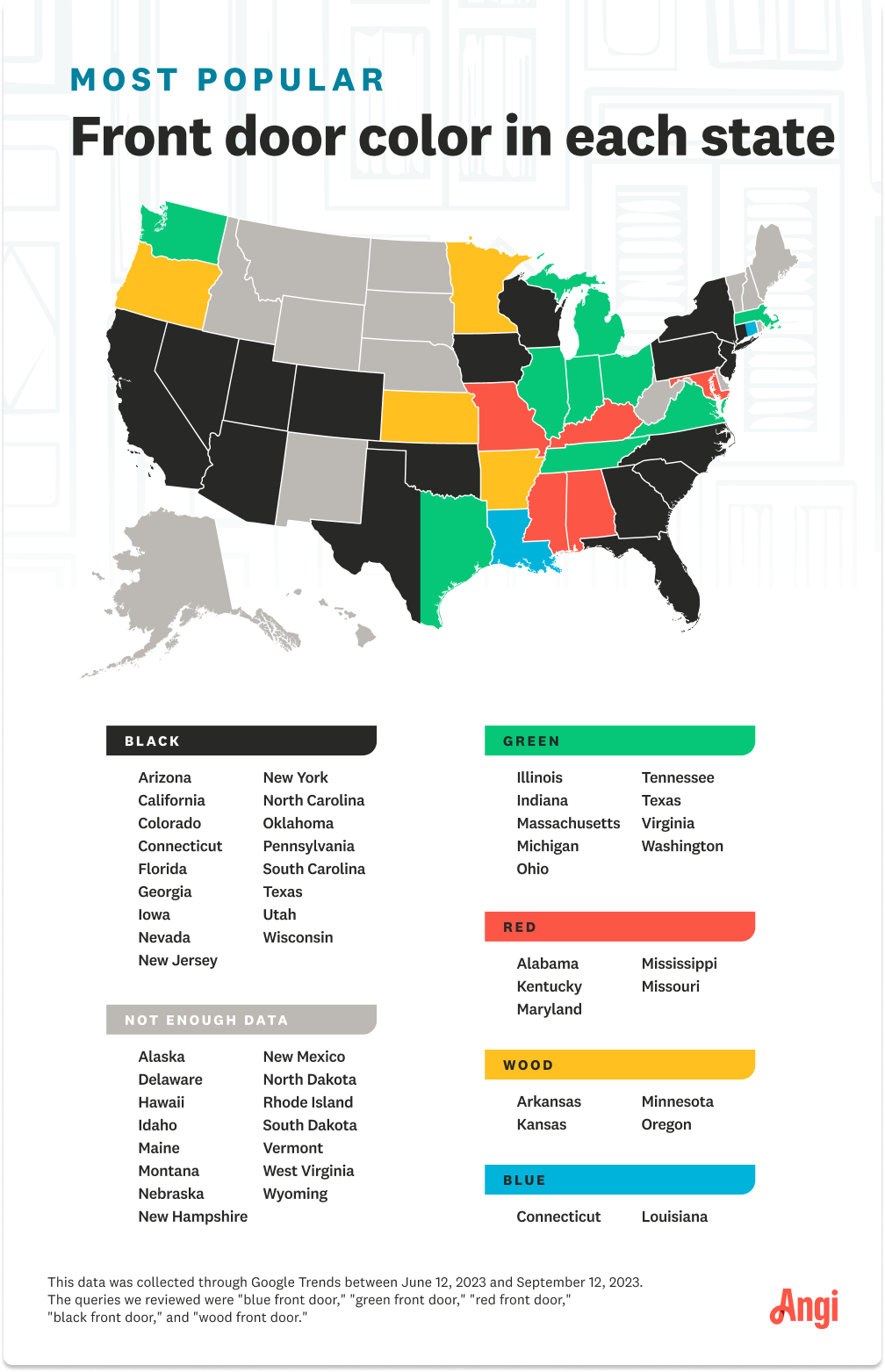 Popular front door colors by state, with 17 states favoring black doors