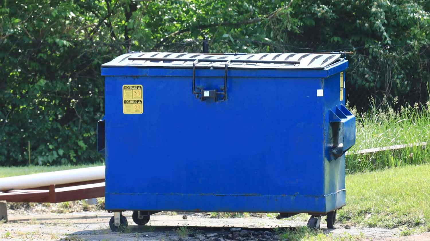 Front load dumpster sitting in a park 