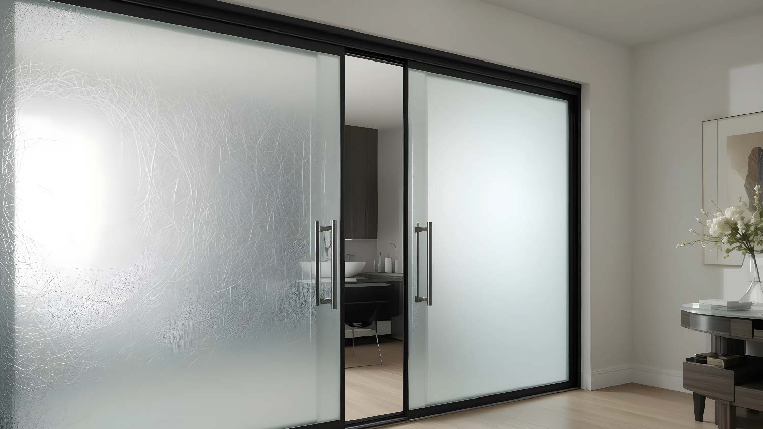 A pair of frosted glass pocket doors 