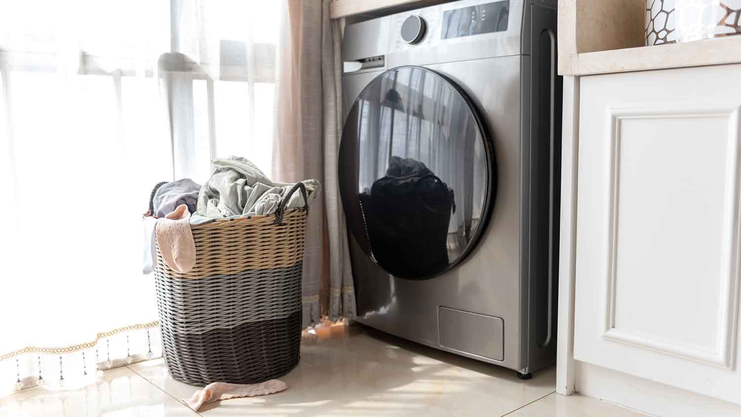 Full laundry basket in the laundry room